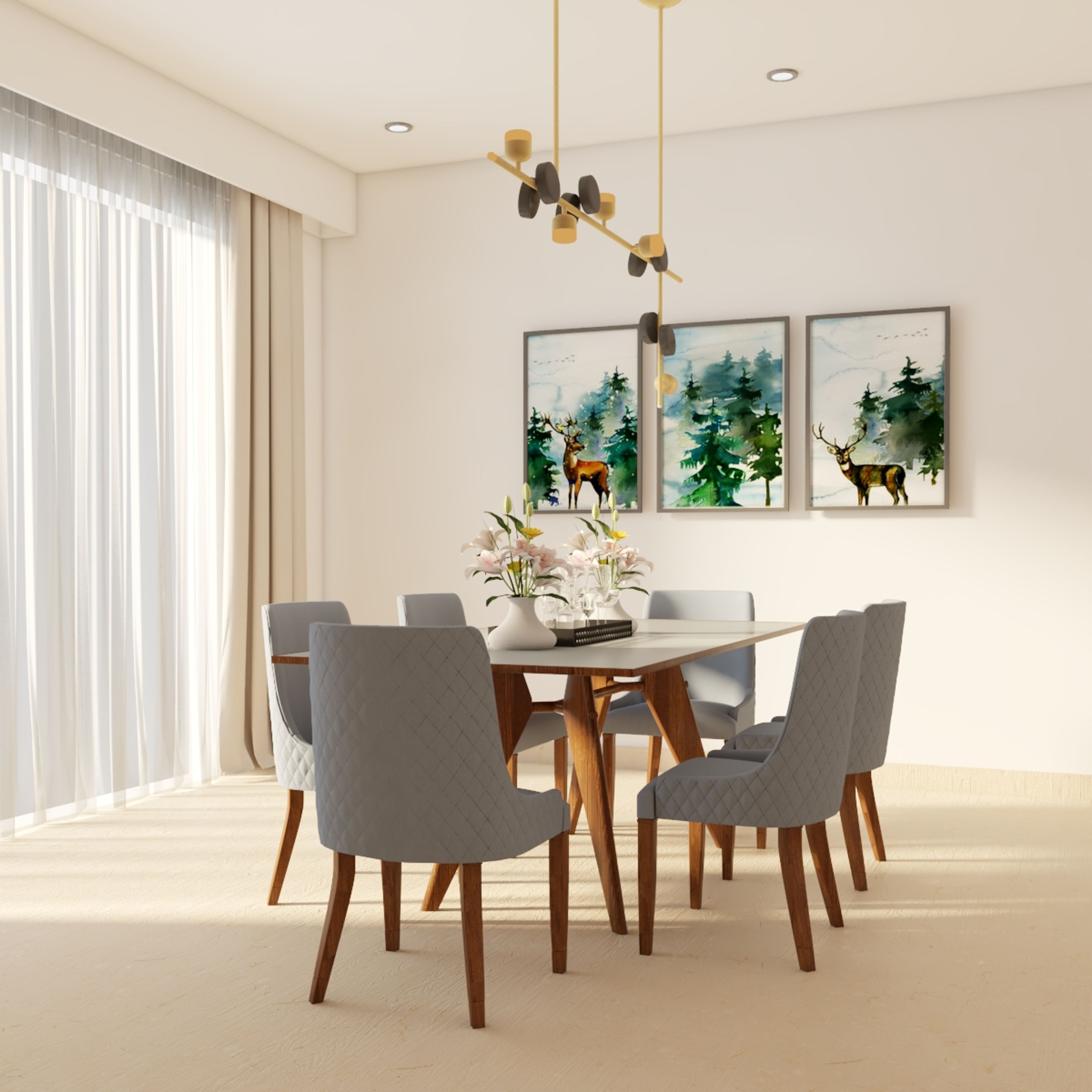 Contemporary 6-Seater Dining Room Design With Grey Upholstery