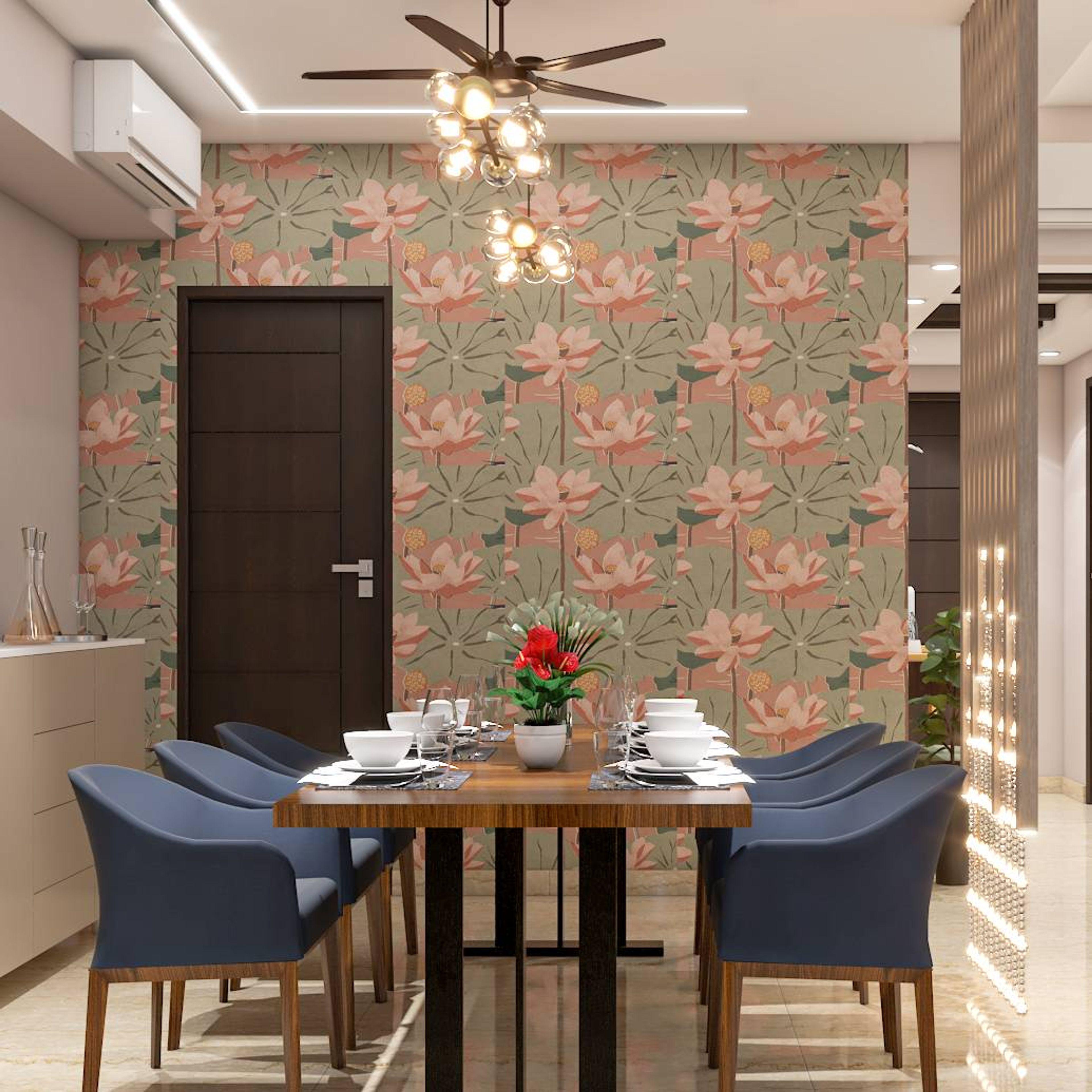 Modern 6-Seater Dining Room Design With Blue Upholstery