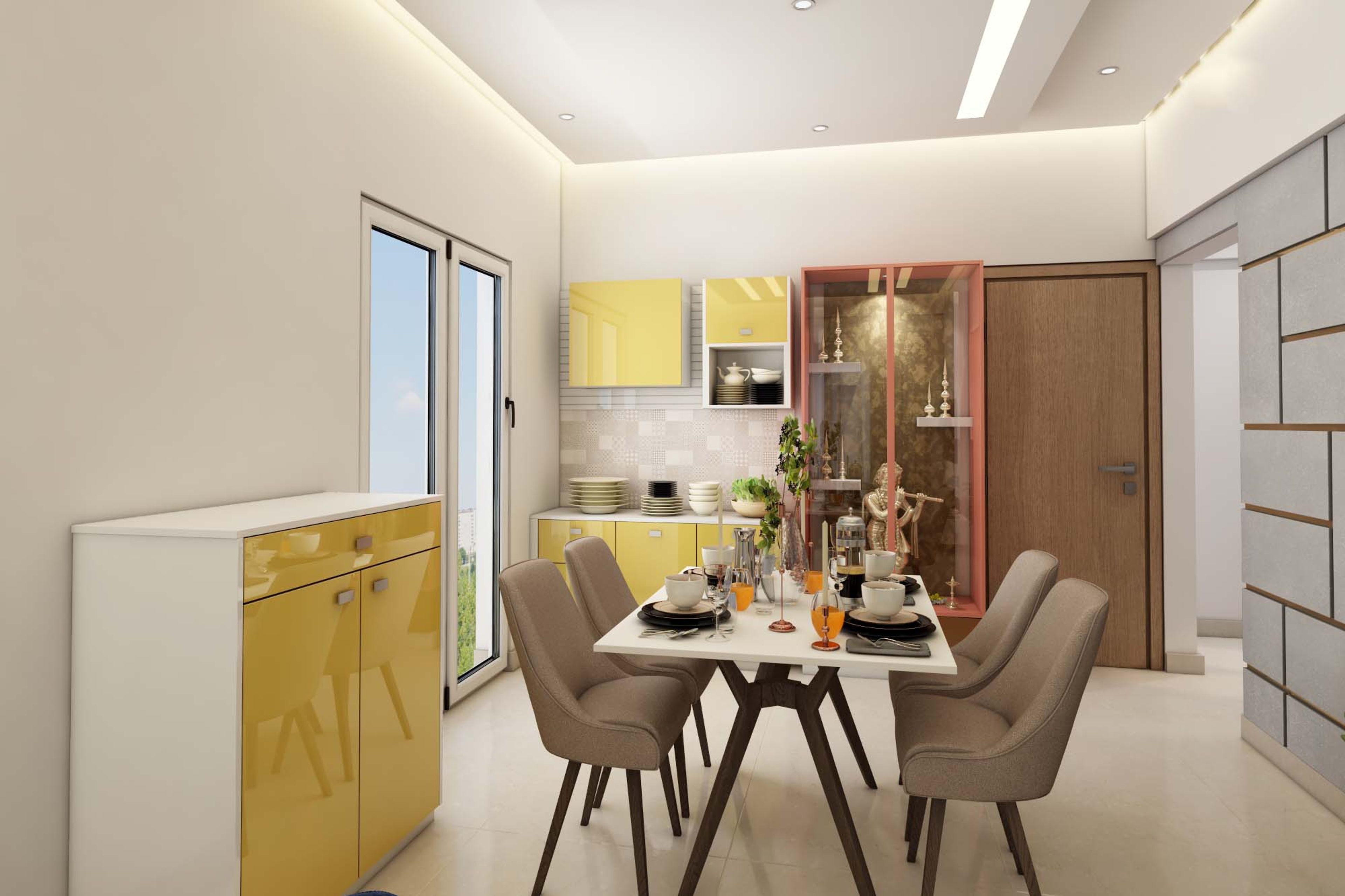 Contemporary Dining Room Design With Bright Yellow Crockery