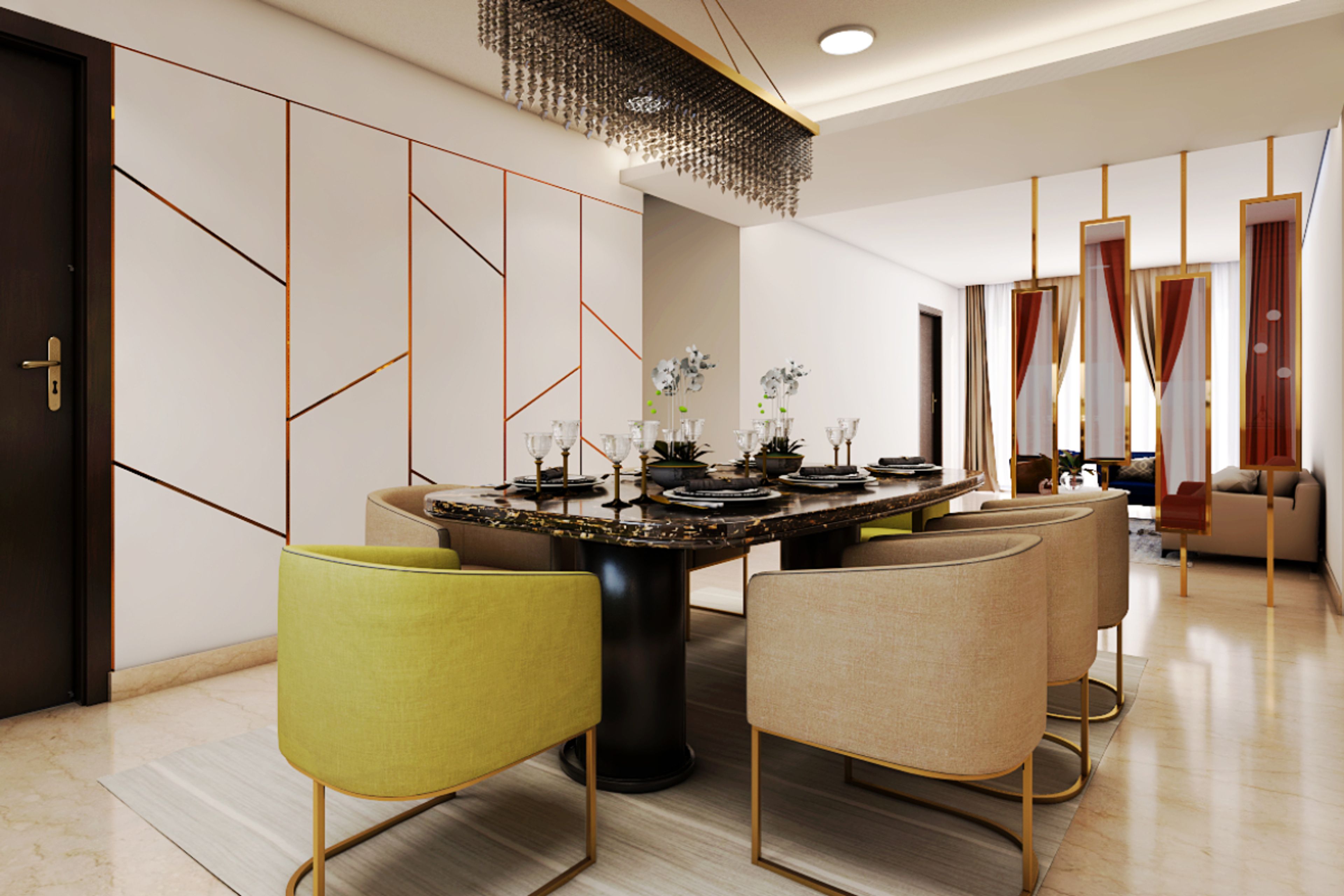 Contemporary Dining Room With Gold Inlays Wall