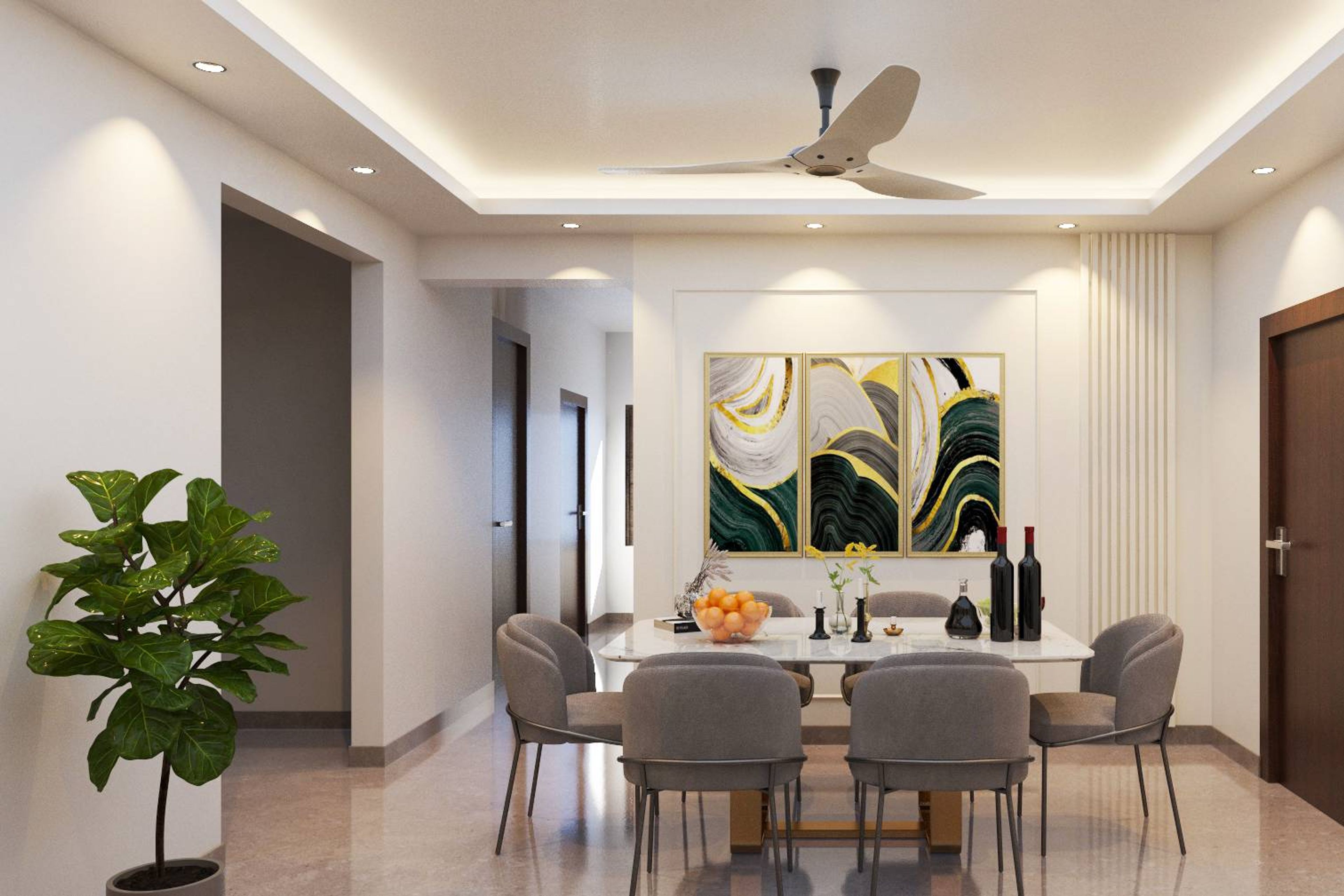 Modern Dining Room Design With Marble Table And Grey Chairs