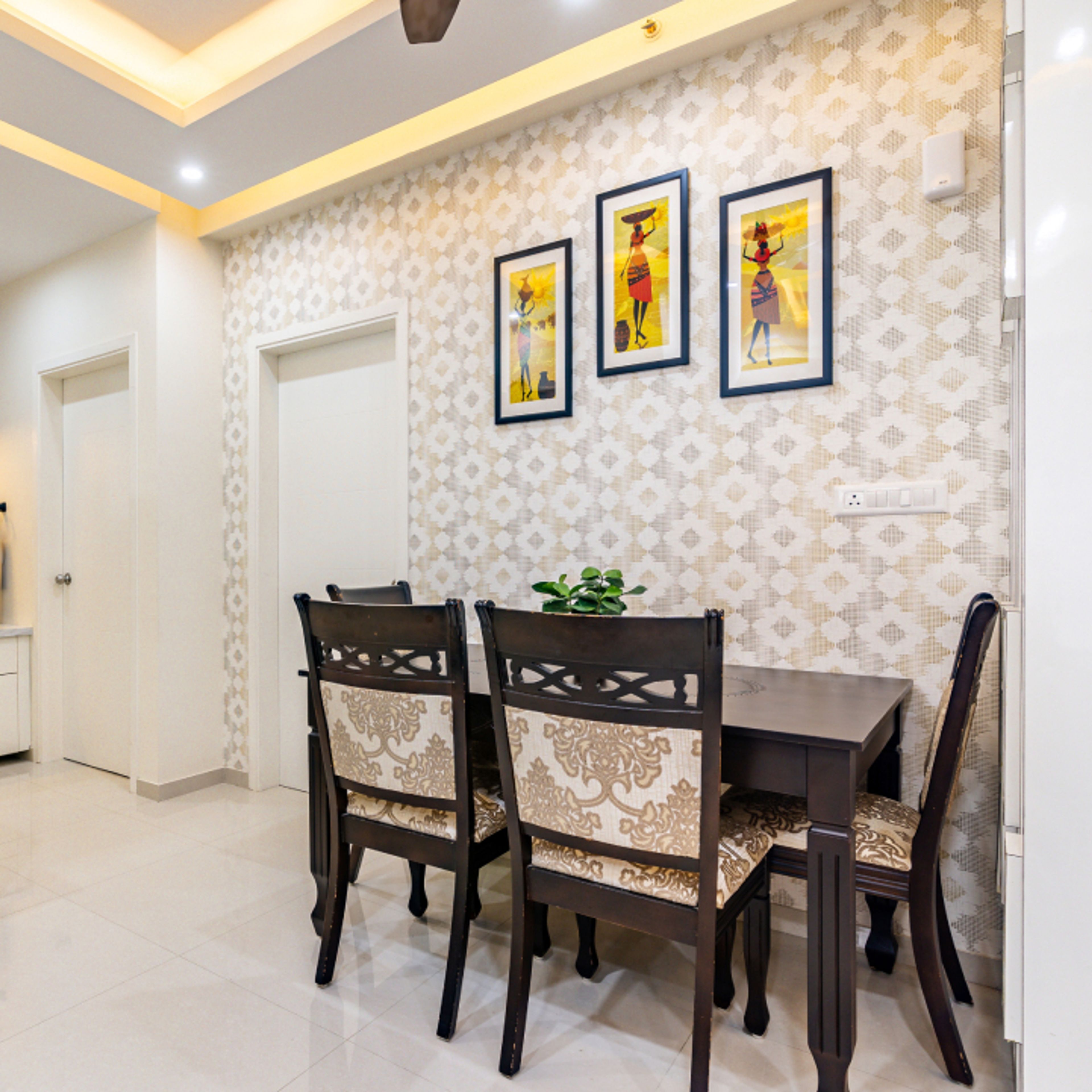 4-Seater Dining Room Design With Beige Chairs With A Wooden Frame - Livspace