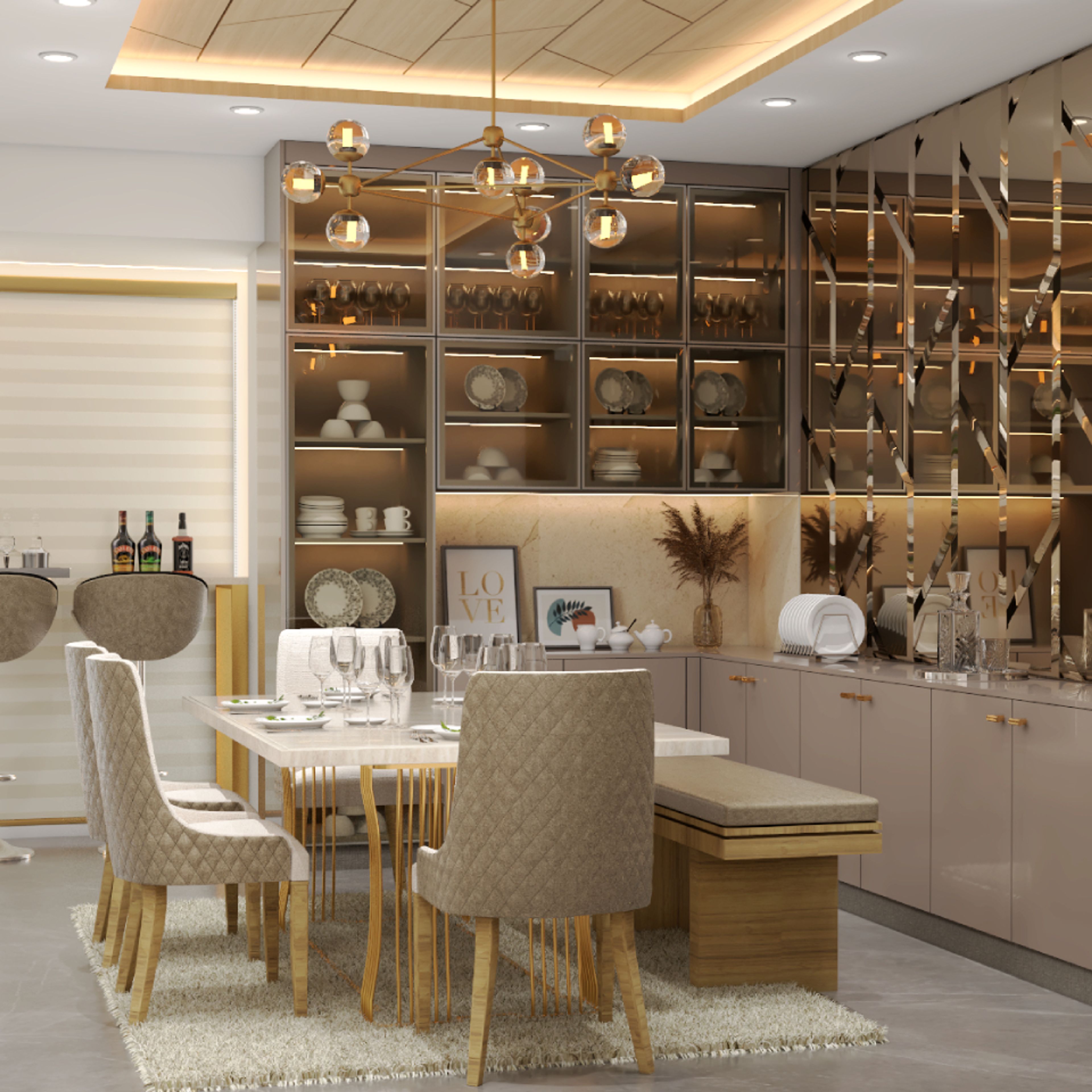 Contemporary Dining Hall Design With White Marble And Wooden Furniture