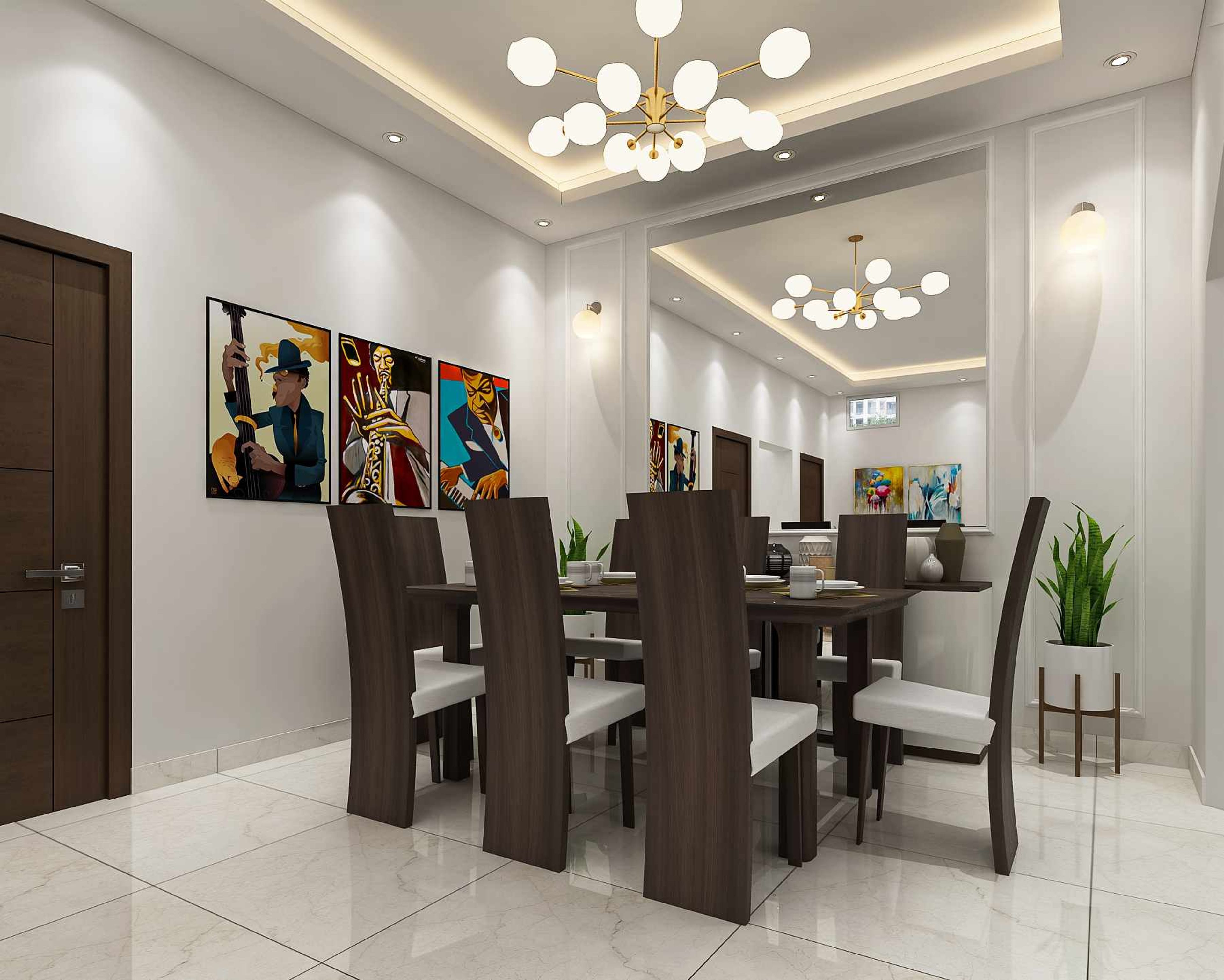 Dining Room Design With A 8-Seater Wooden Table And Cream Upholstered Chairs - Livspace