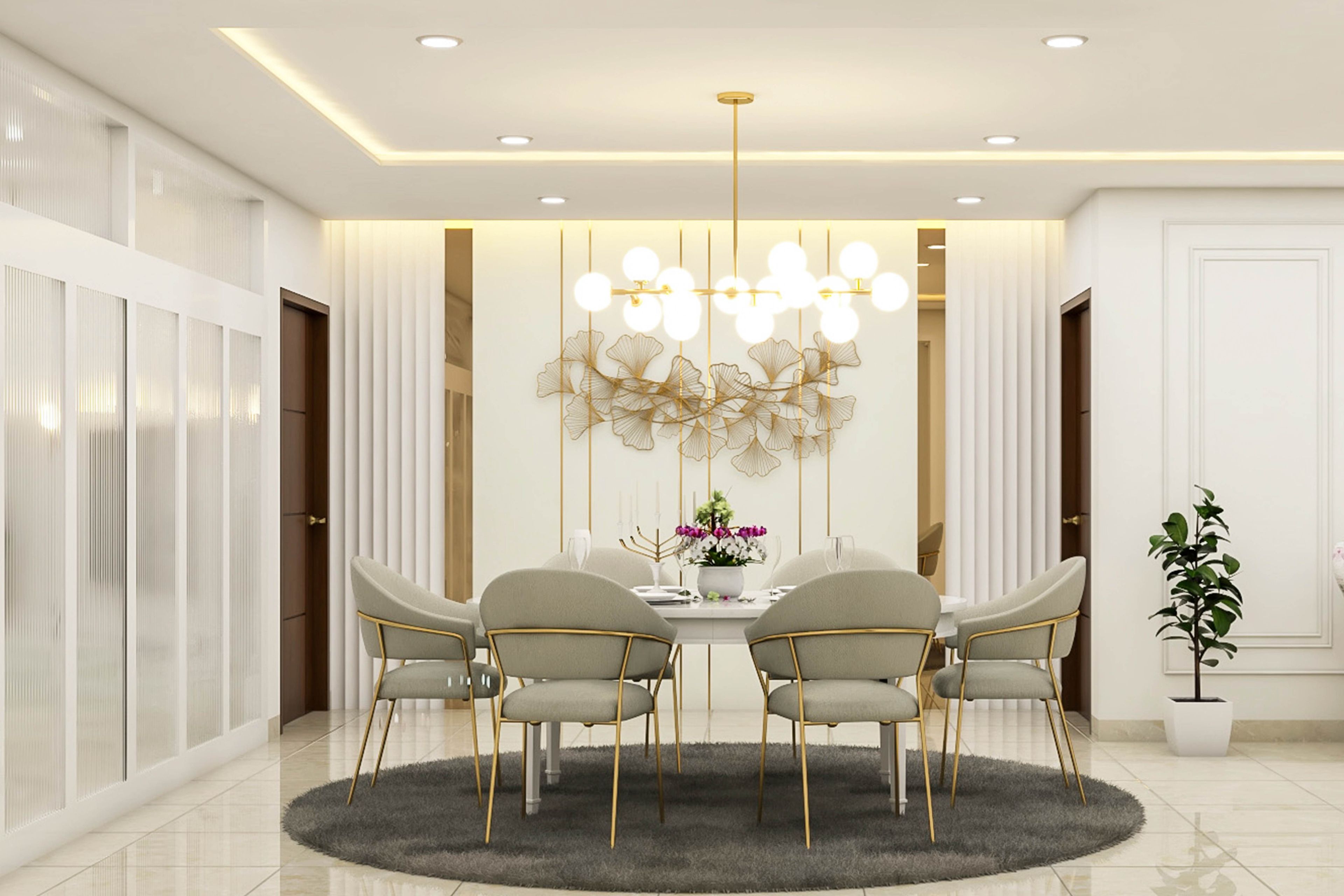 6-Seater Dining Room With Mirror Panelling - Livspace