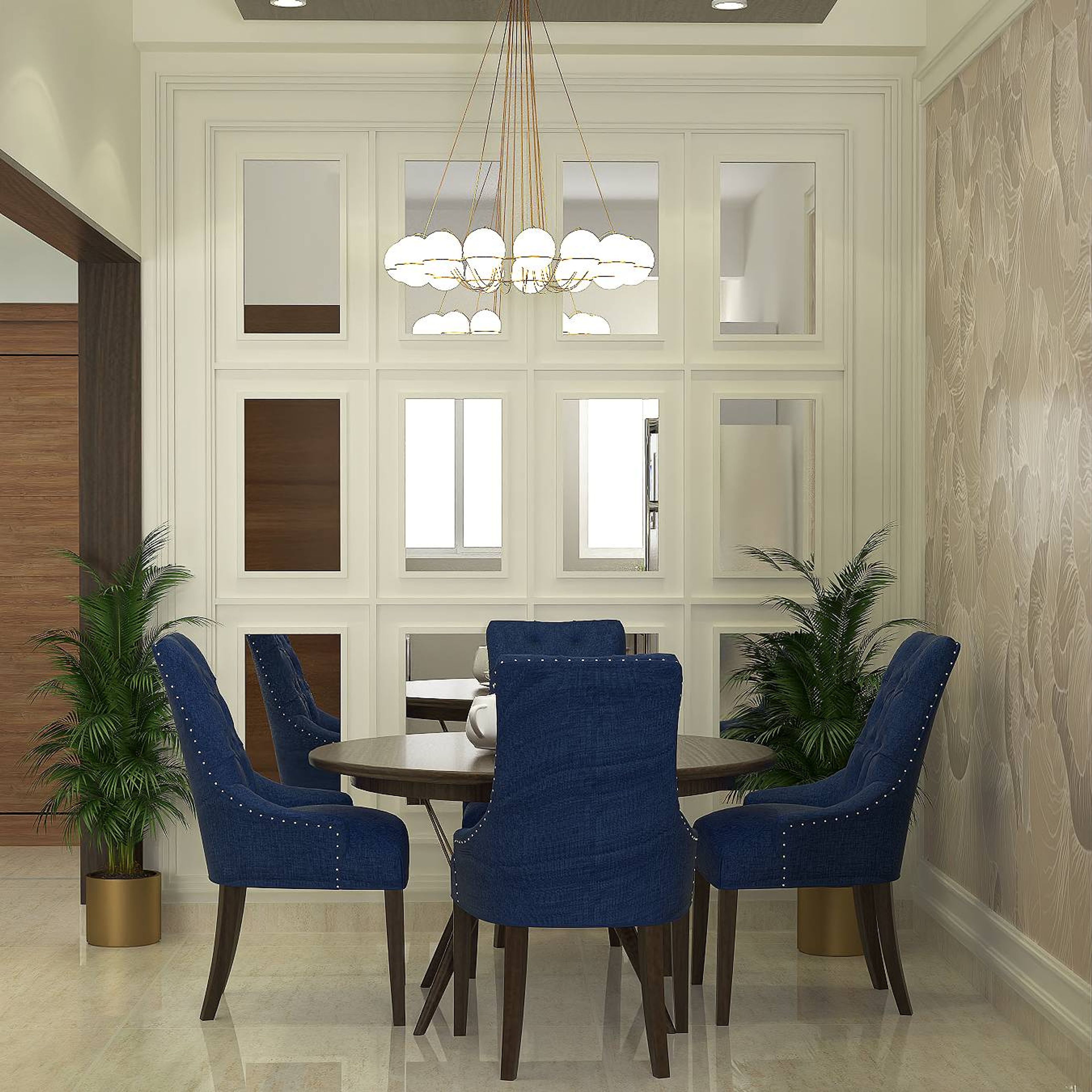 Spacious Dining Room With Brown Table And Dark Blue Chairs