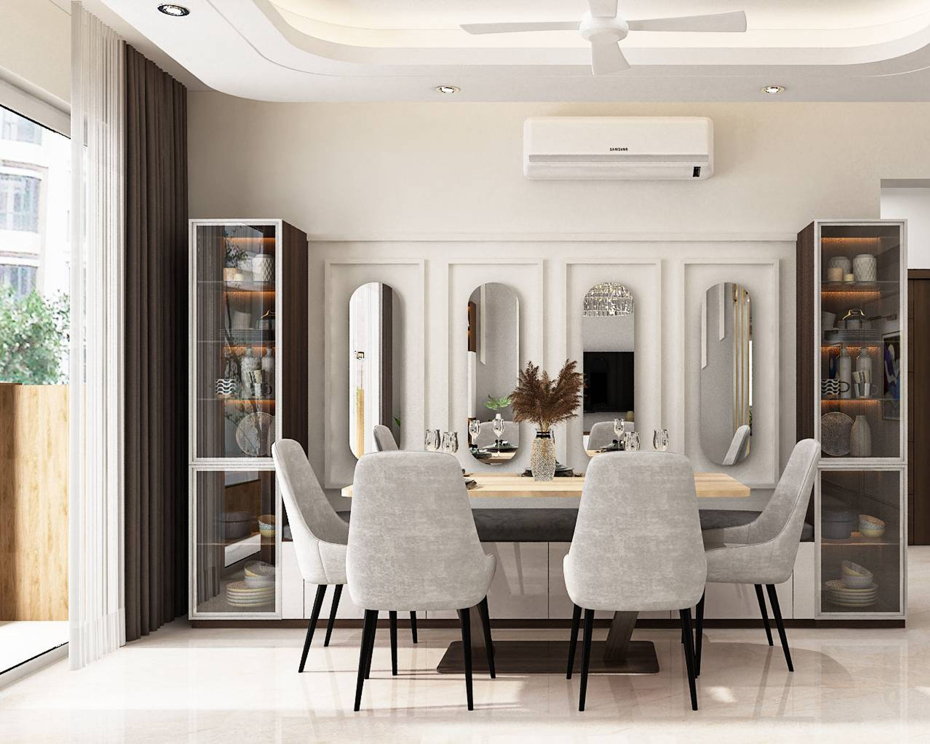 Contemporary Dining Room Design With Mirrored Panels