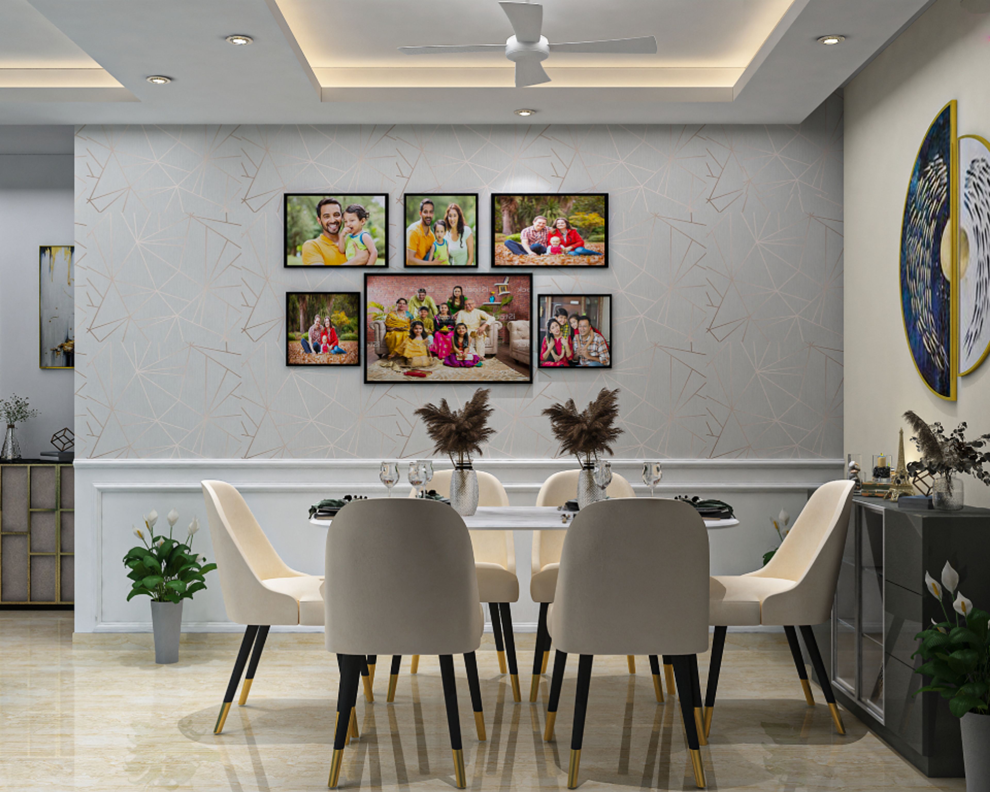 Contemporary 6-Seater Dining Room Design With White Marble Countertop