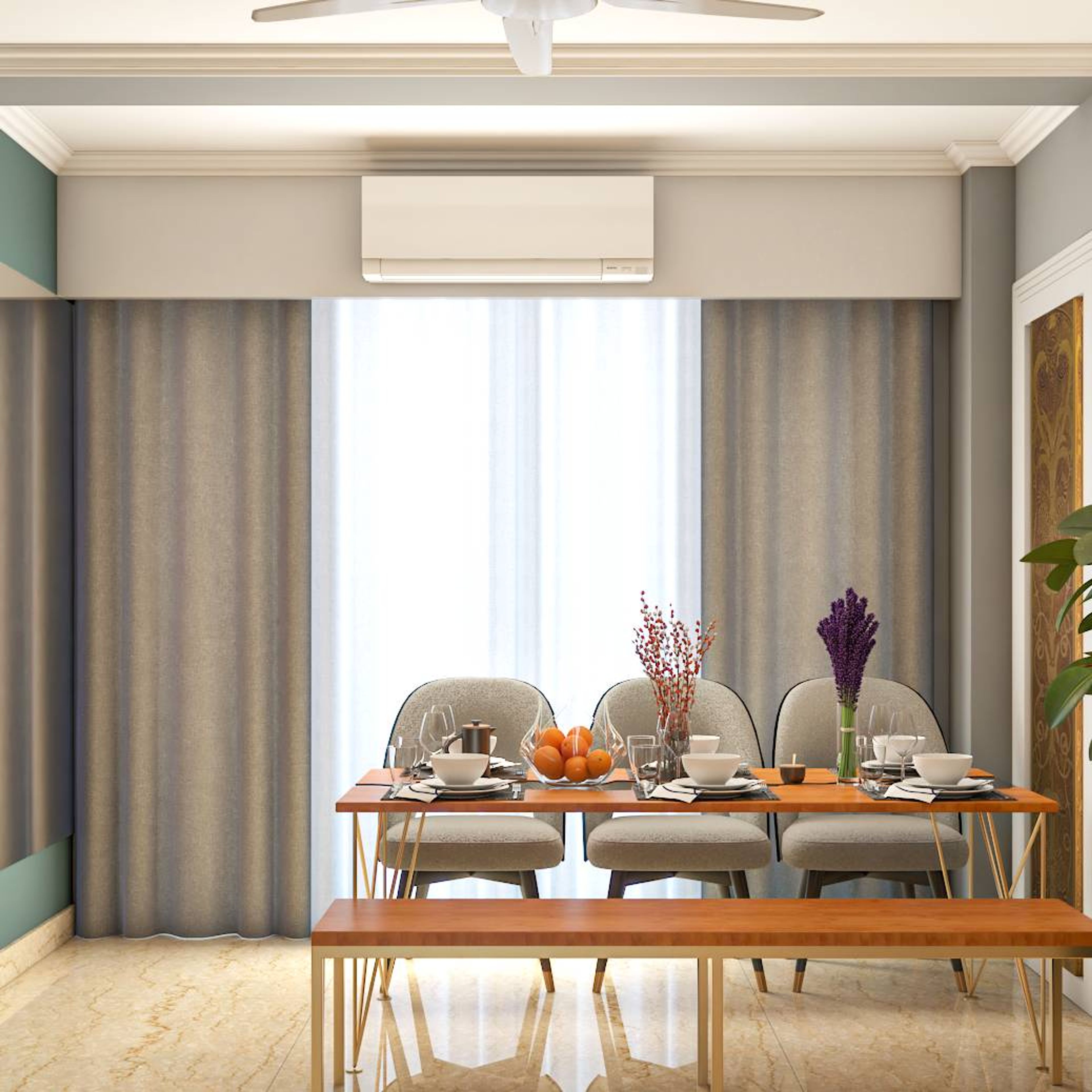 6-Seater Wooden Top Contemporary Dining Room Design