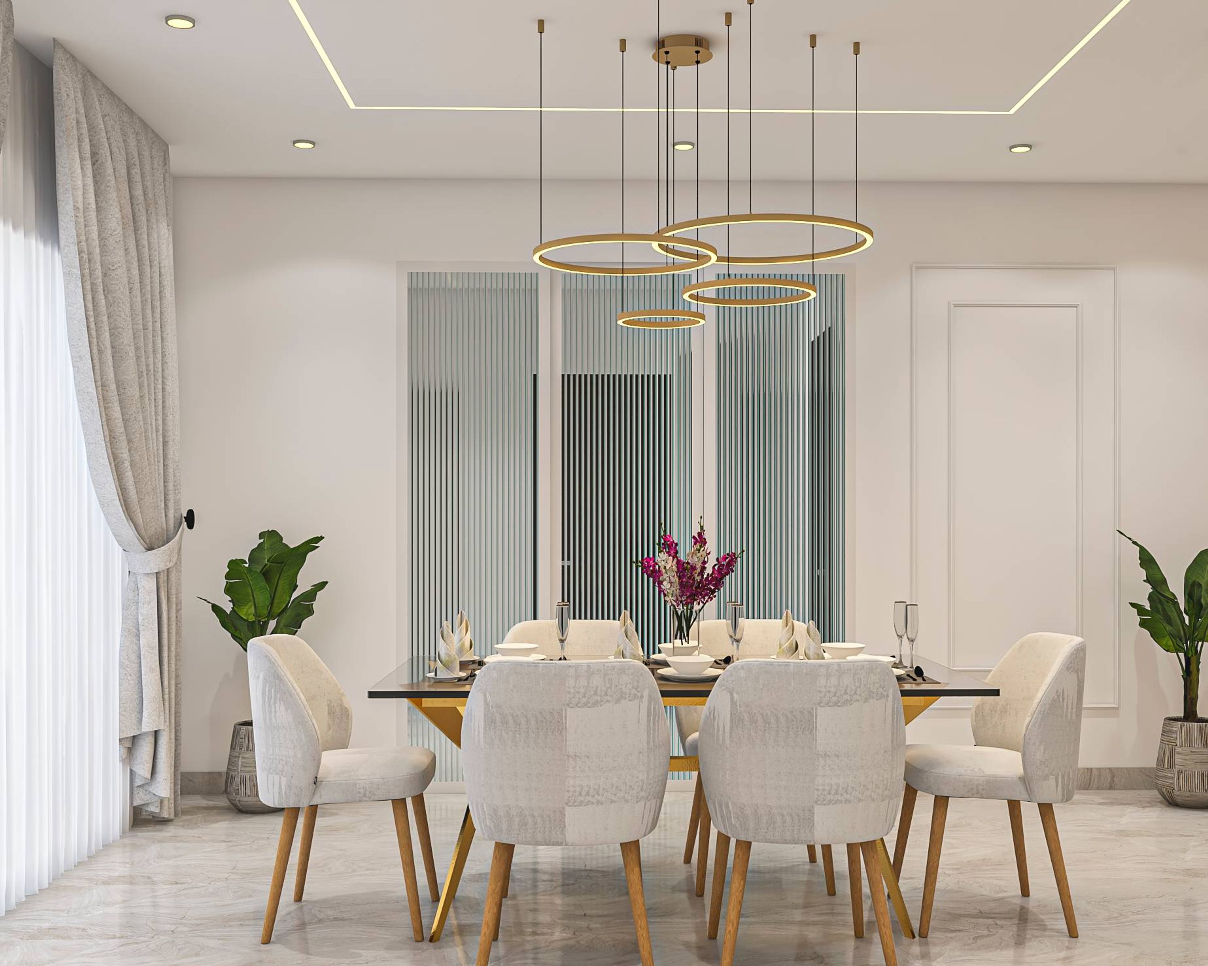 Contemporary Style Dining Room Design With White Cushioned Chairs