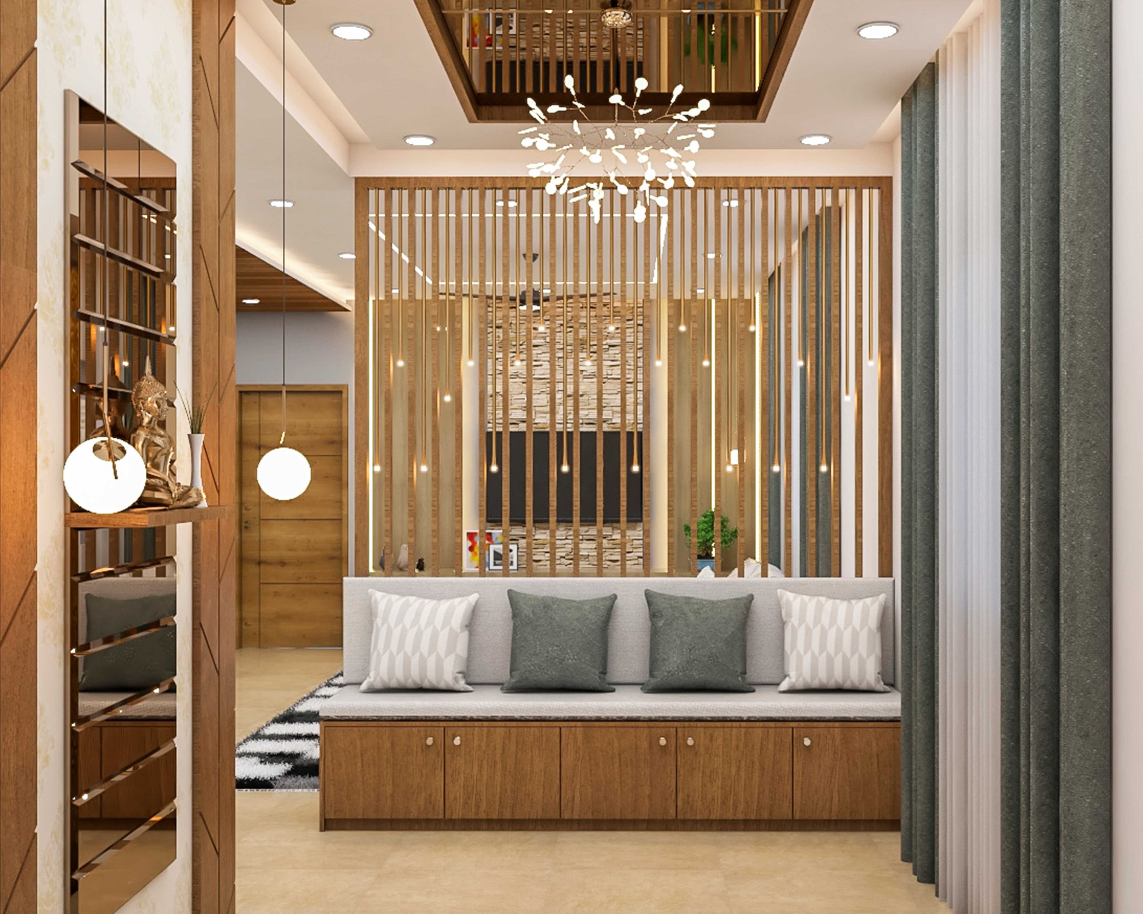 Contemporary Gypsum Board False Ceiling With Wooden Border And Mirror