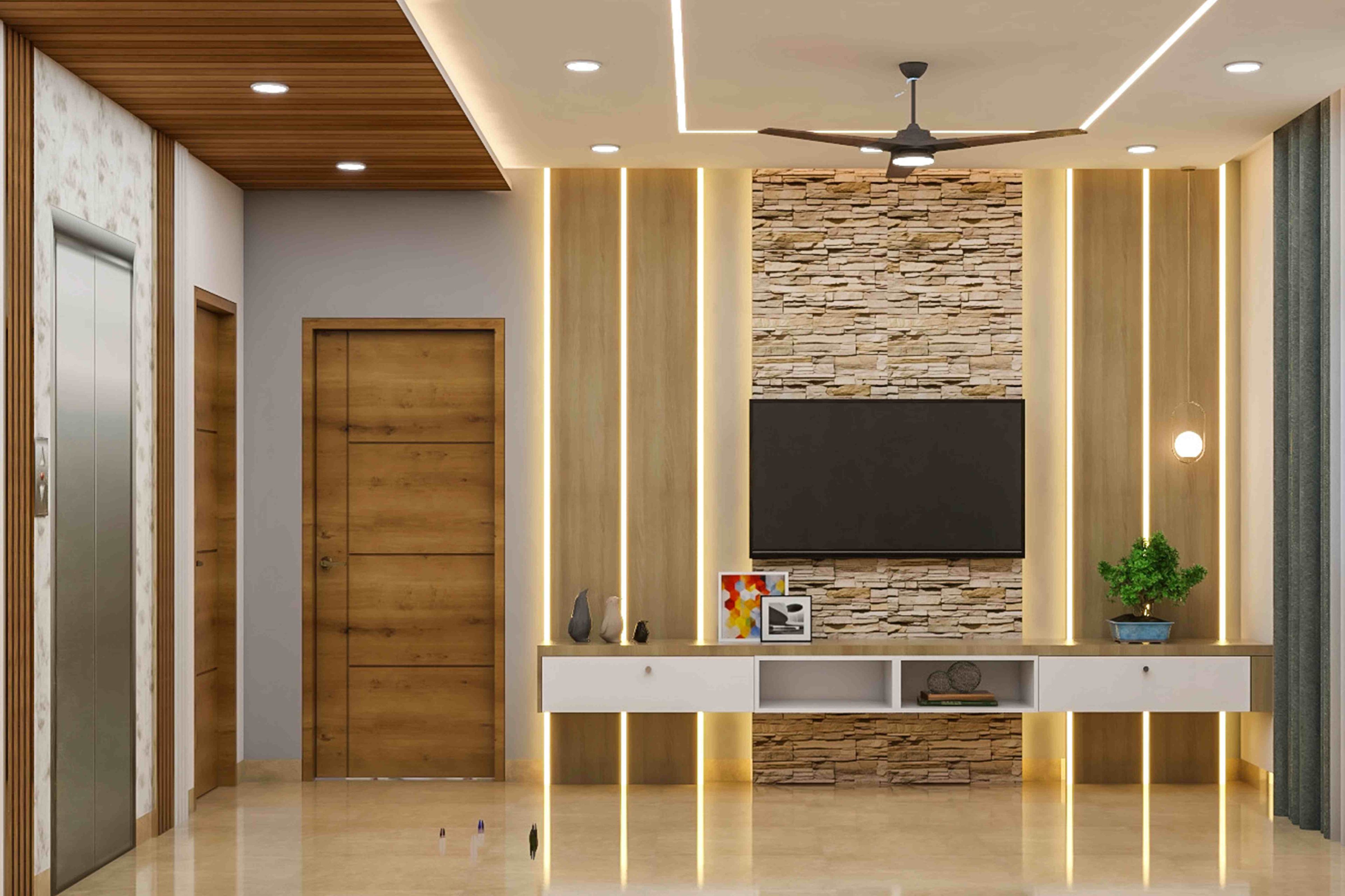 Paritioned Wood And Gypsum False Ceiling - Livspace