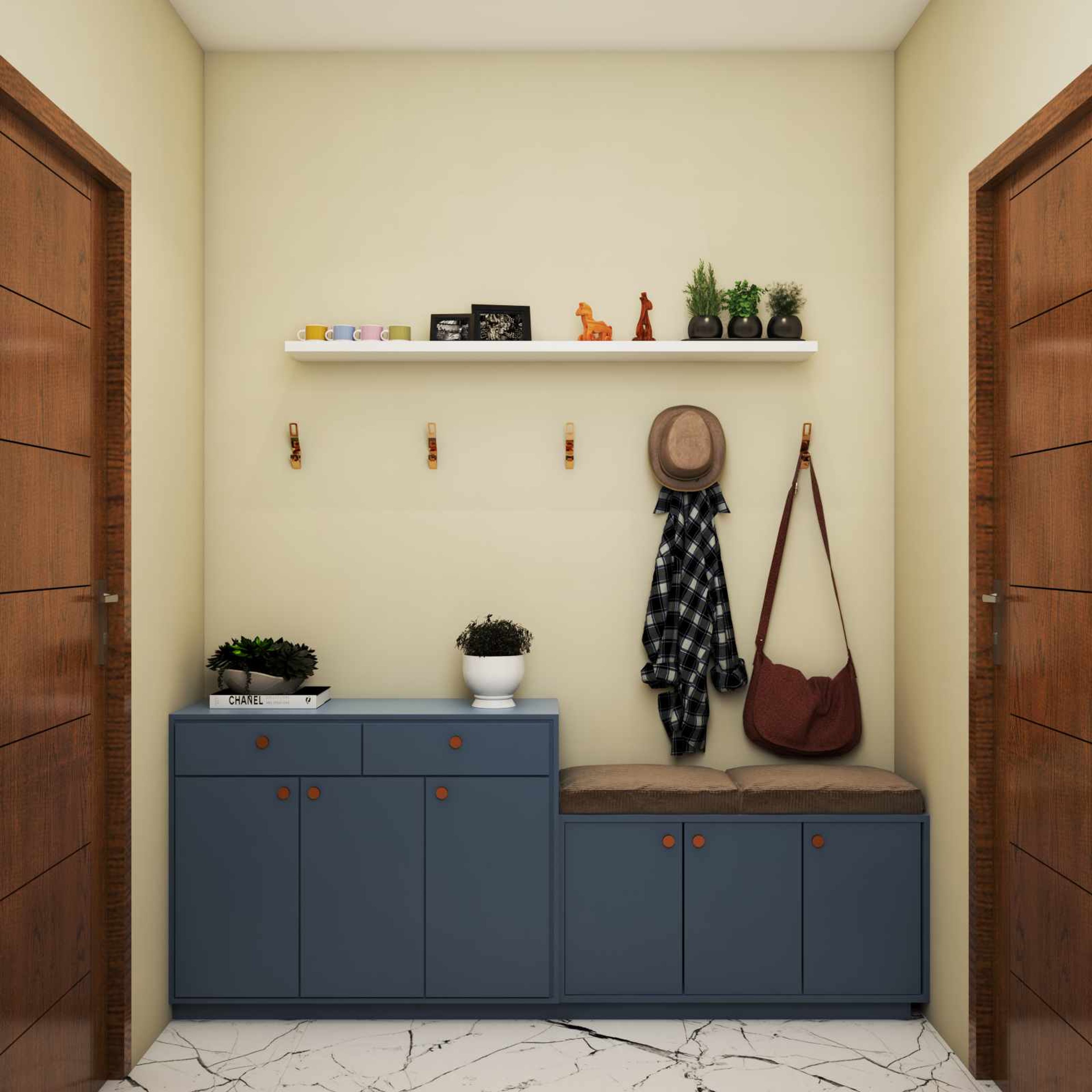 Small Foyer Design With Dark Blue Storage And Seating - Livspace