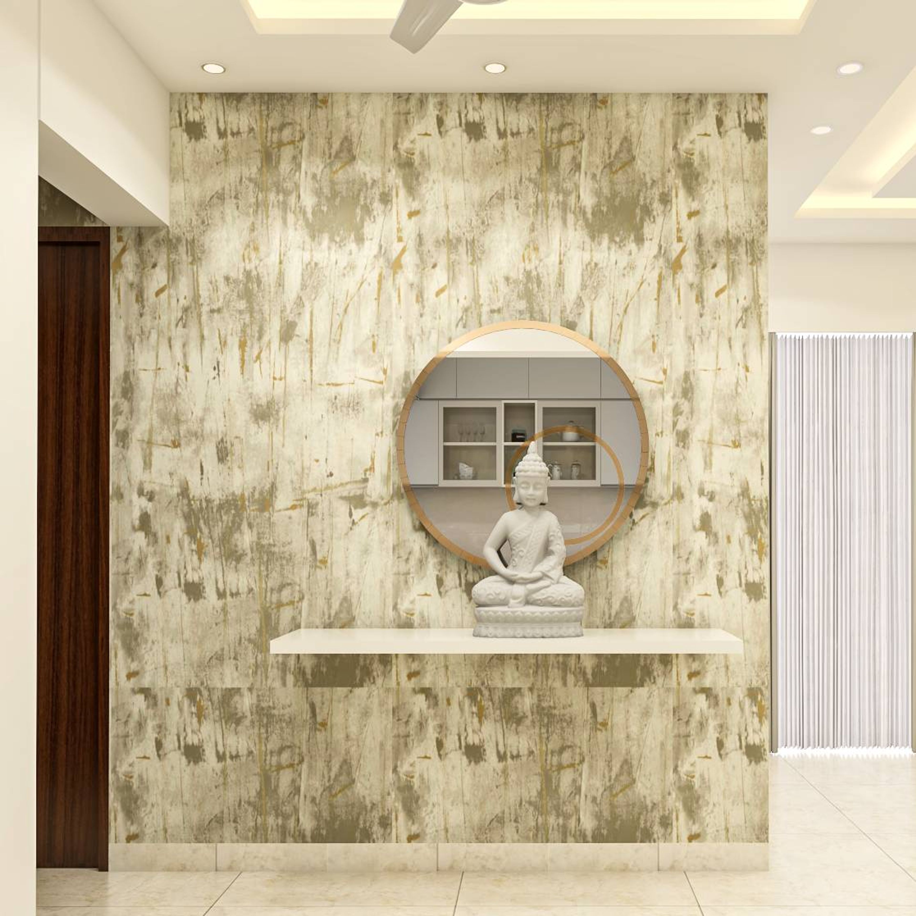 Foyer Design With Wallpaper And Floating Ledge - Livspace