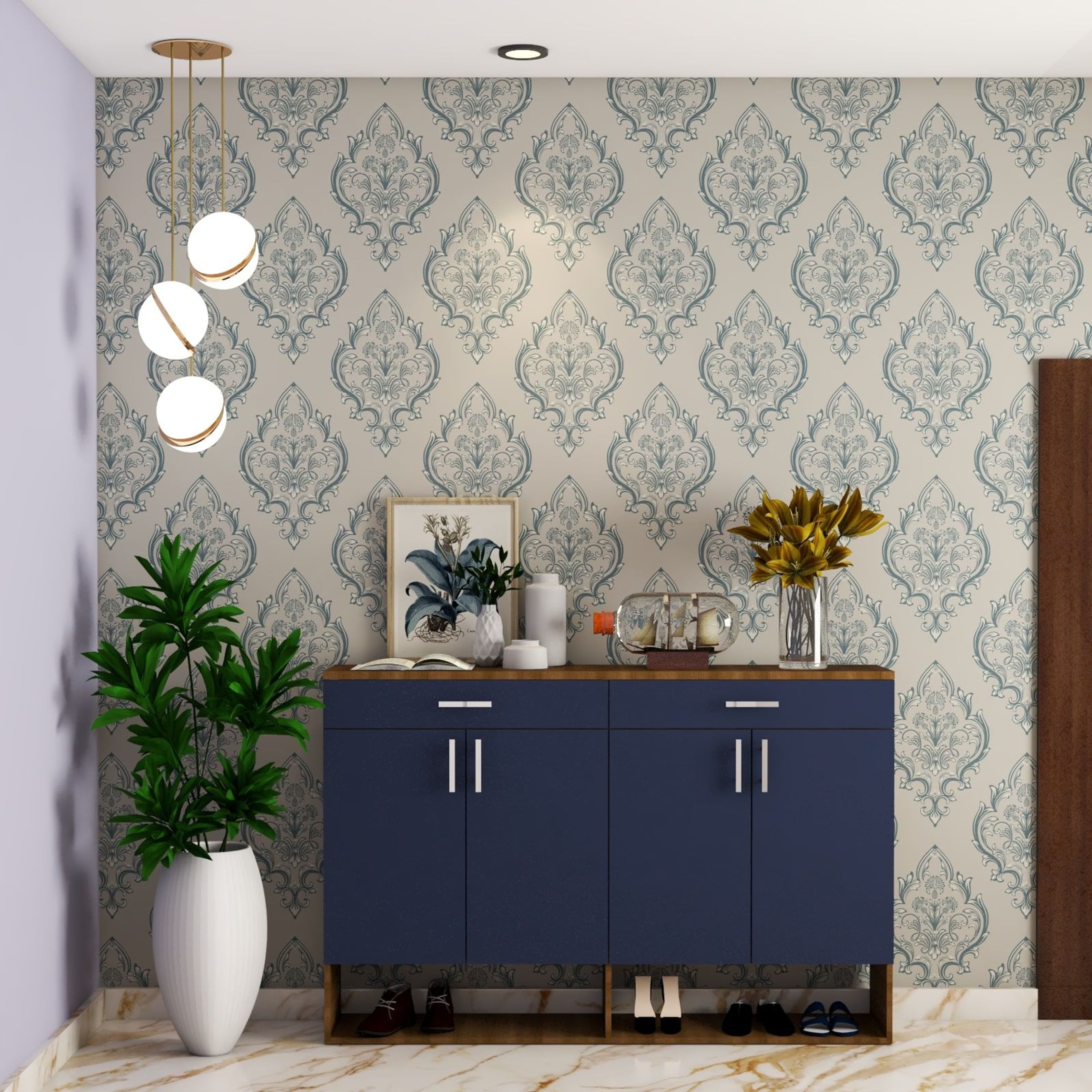 Modern Foyer Design With Damask Wallpaper