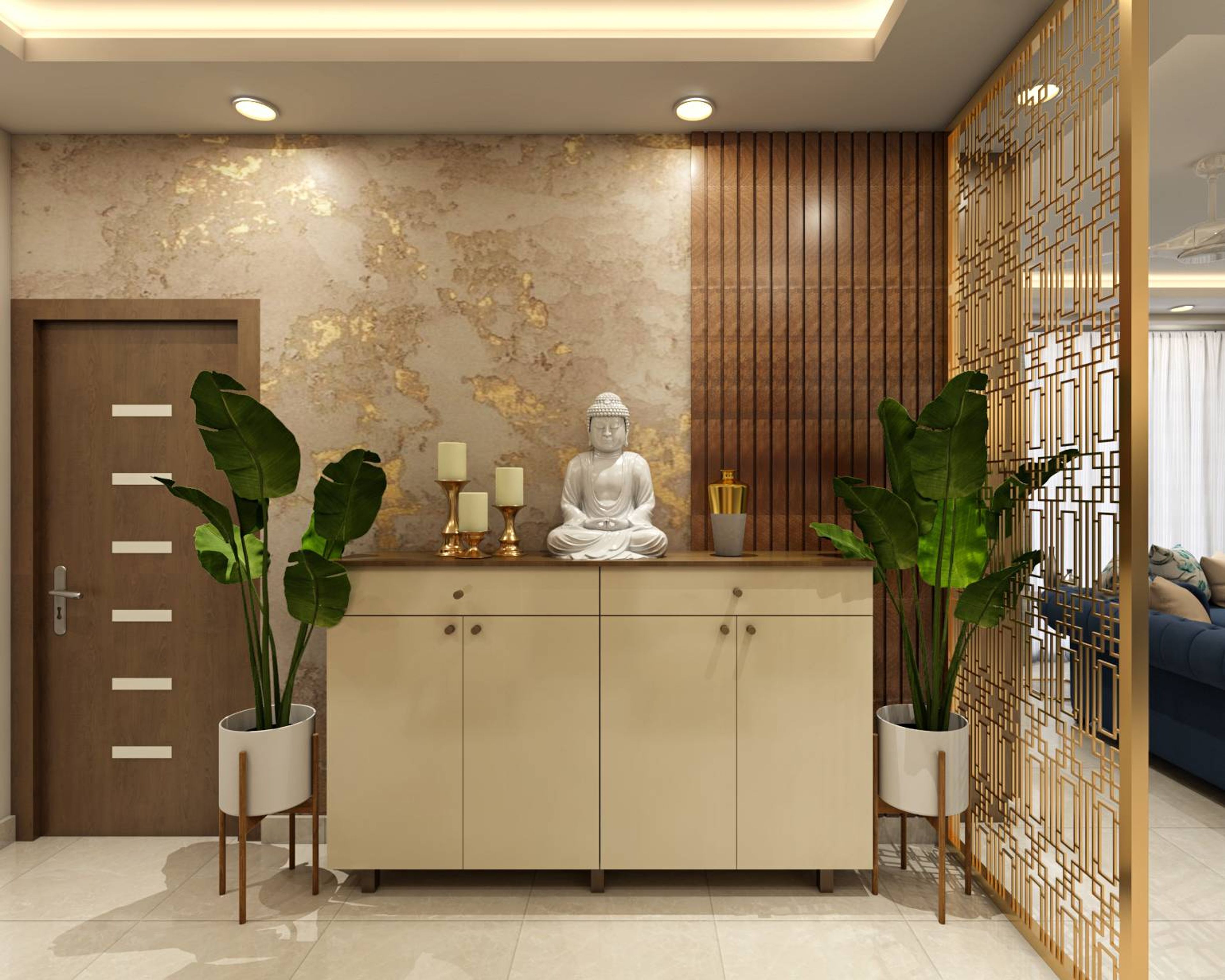 Spacious Foyer Design With Golden Accents