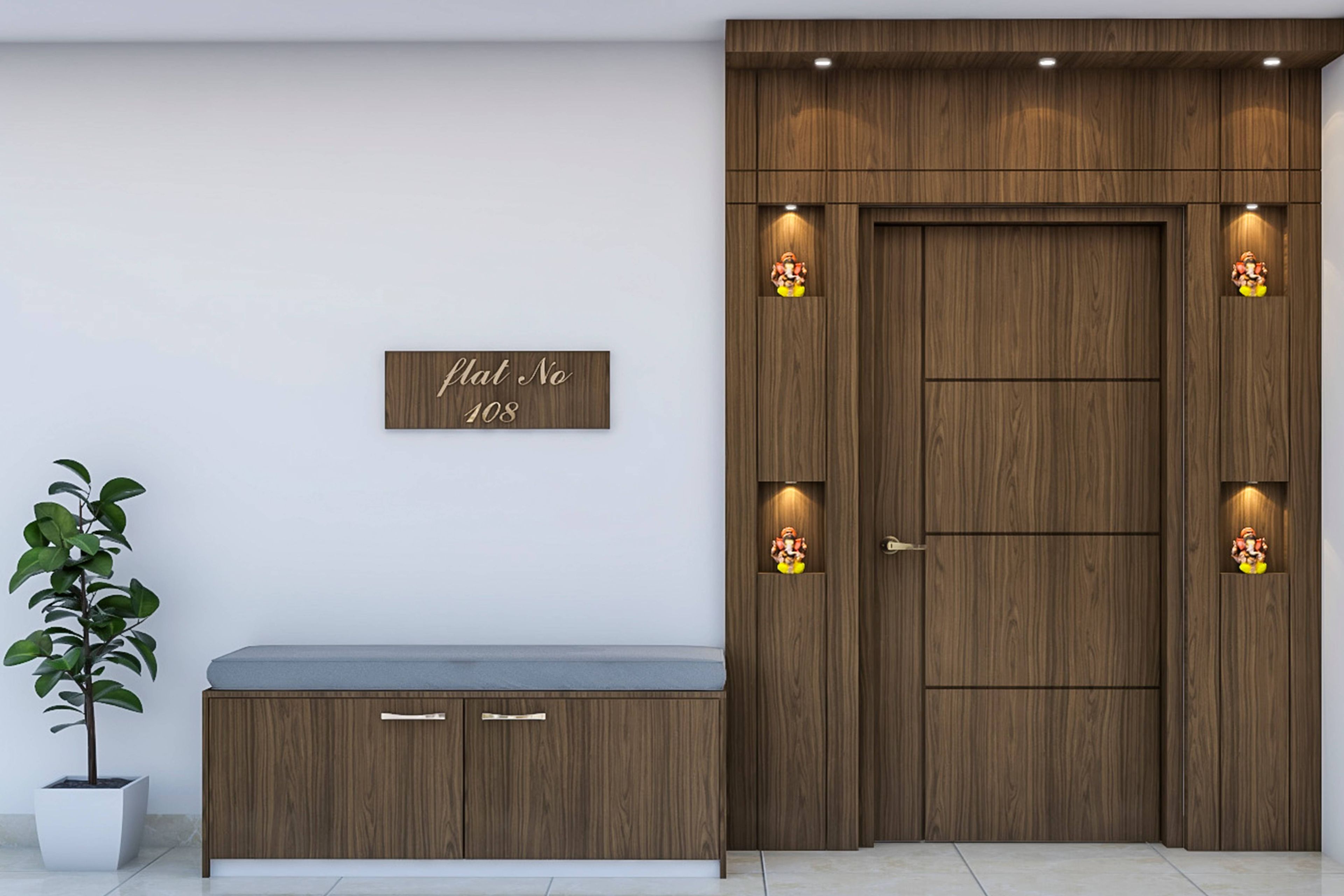 Dark Wood Foyer Design With Storage And Seating - Livspace