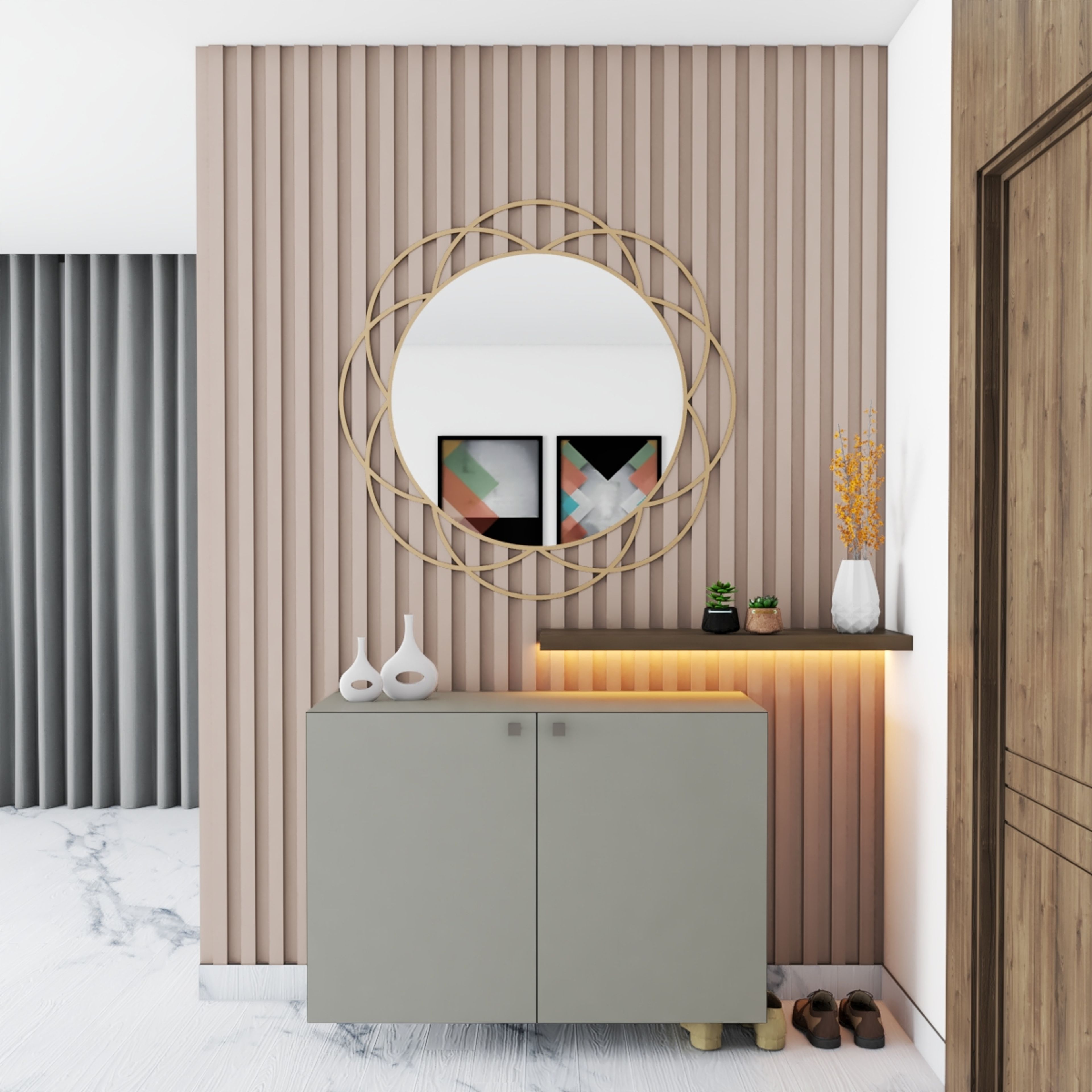 Foyer Design With Fluted Panels And Storage - Livspace