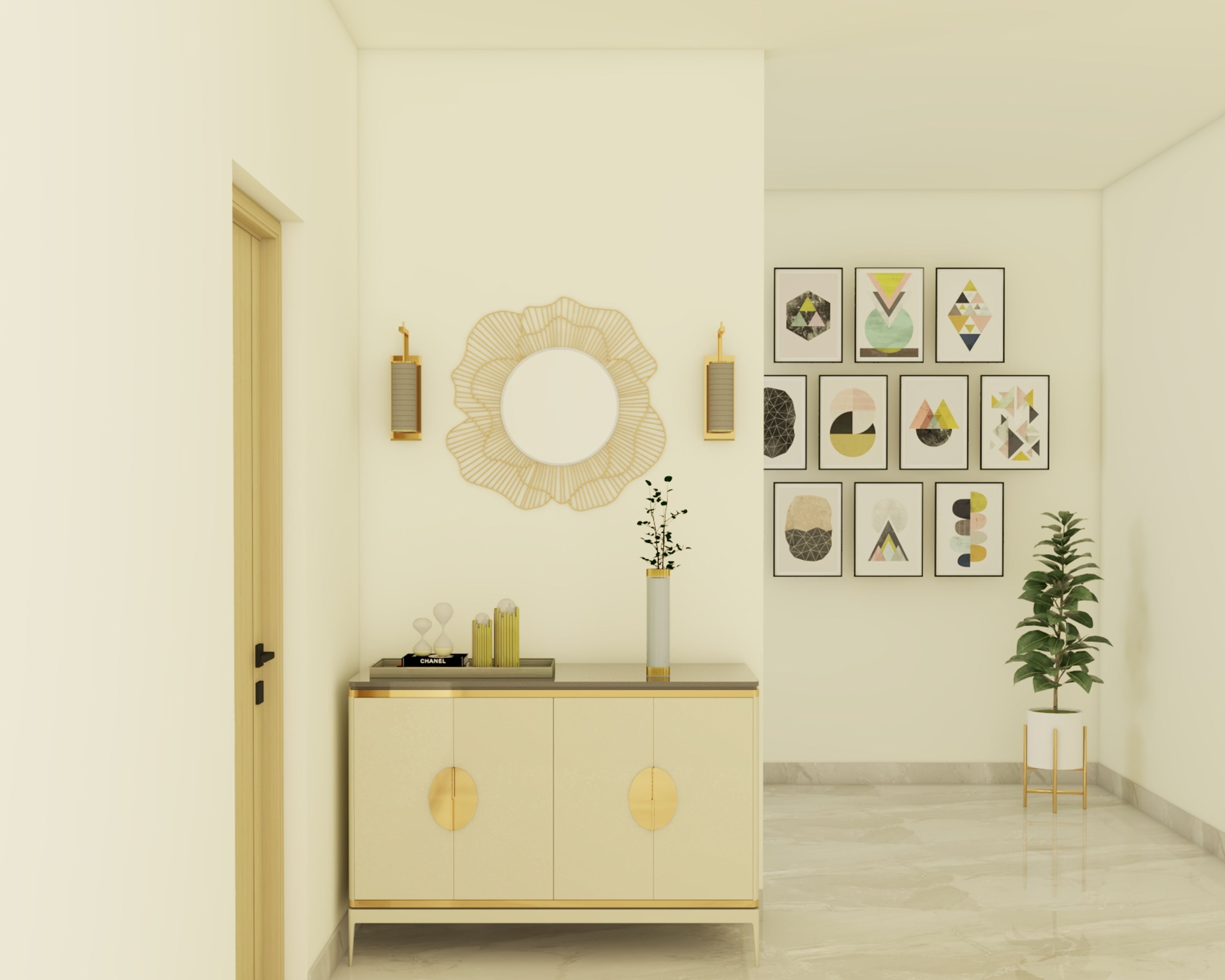 Contemporary Foyer Design With Frosty White Base Unit