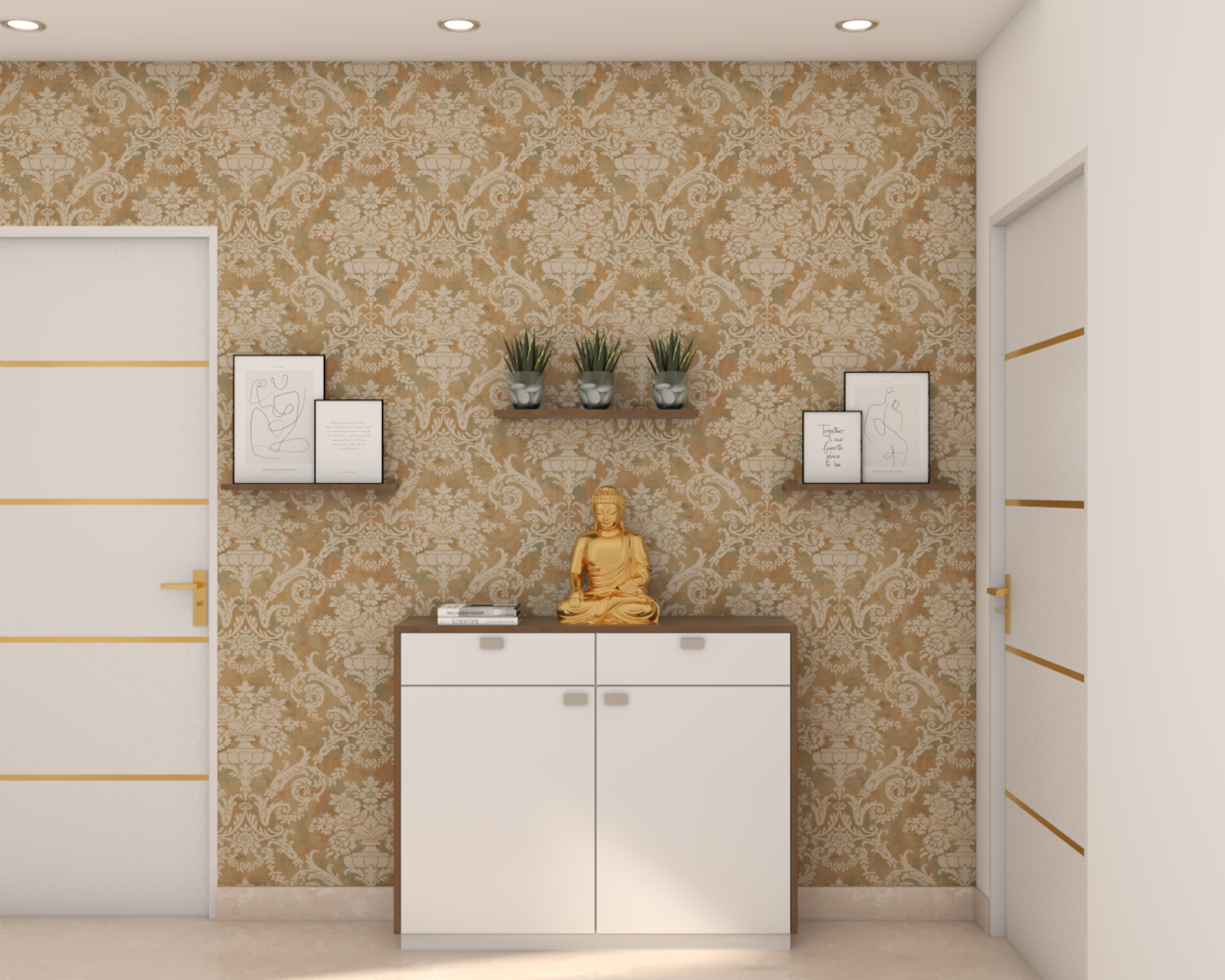 Modern Foyer Design With Beige Damask Wallpaper