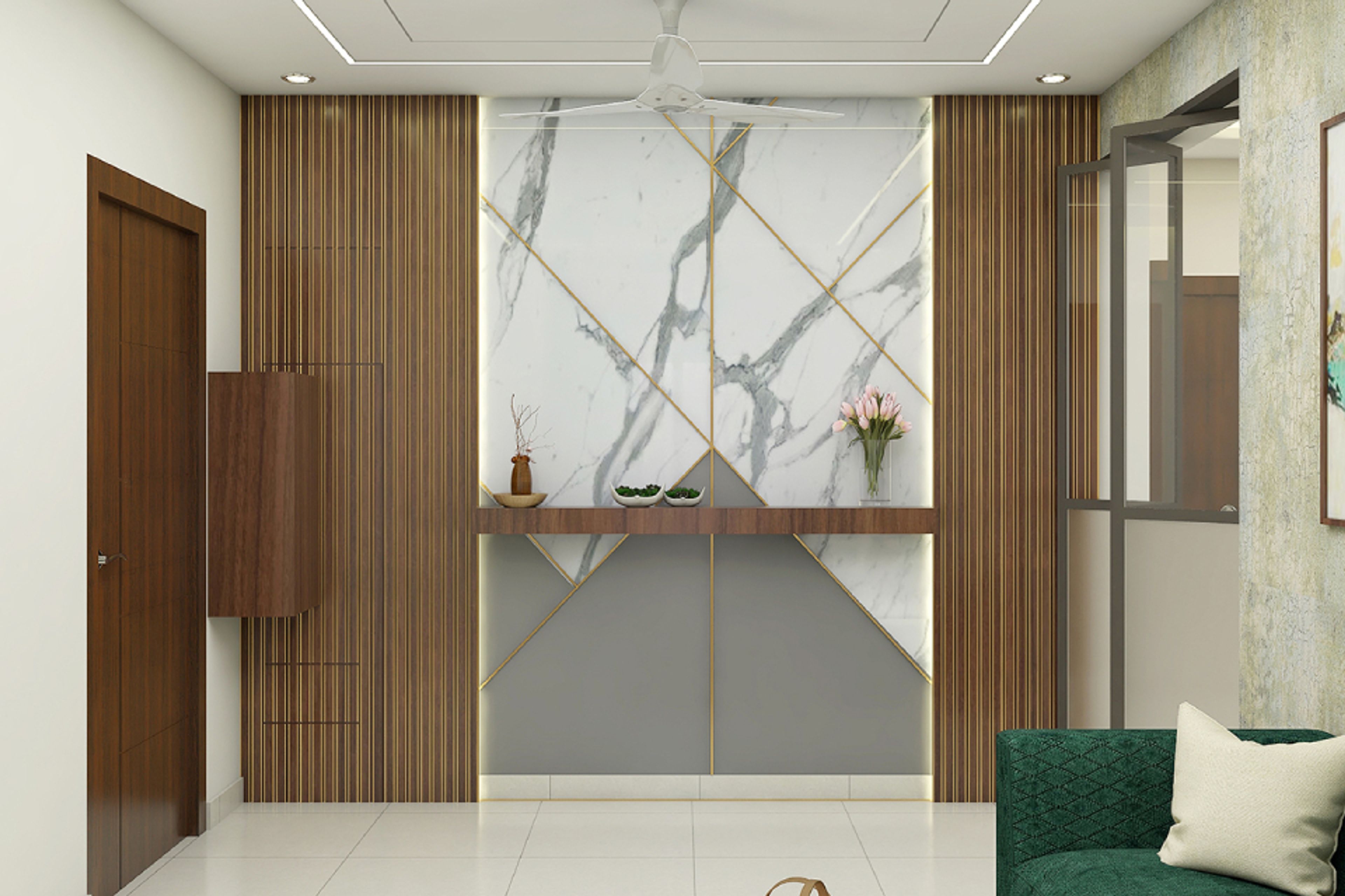 Modern Foyer Design With Wooden And Marble Panelling For The Back Wall