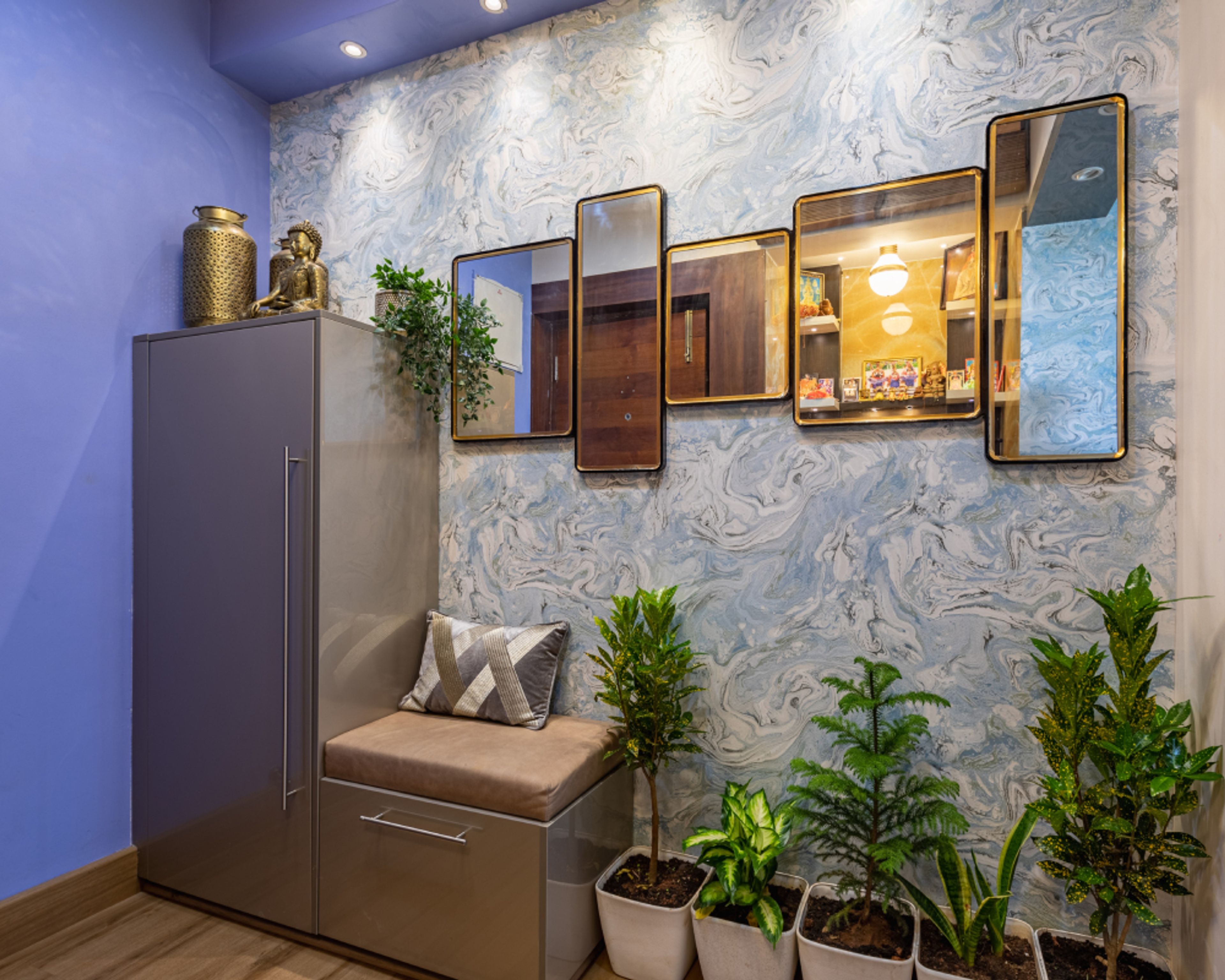 Modern Foyer Design With Closed Storage And Cushioned Seating