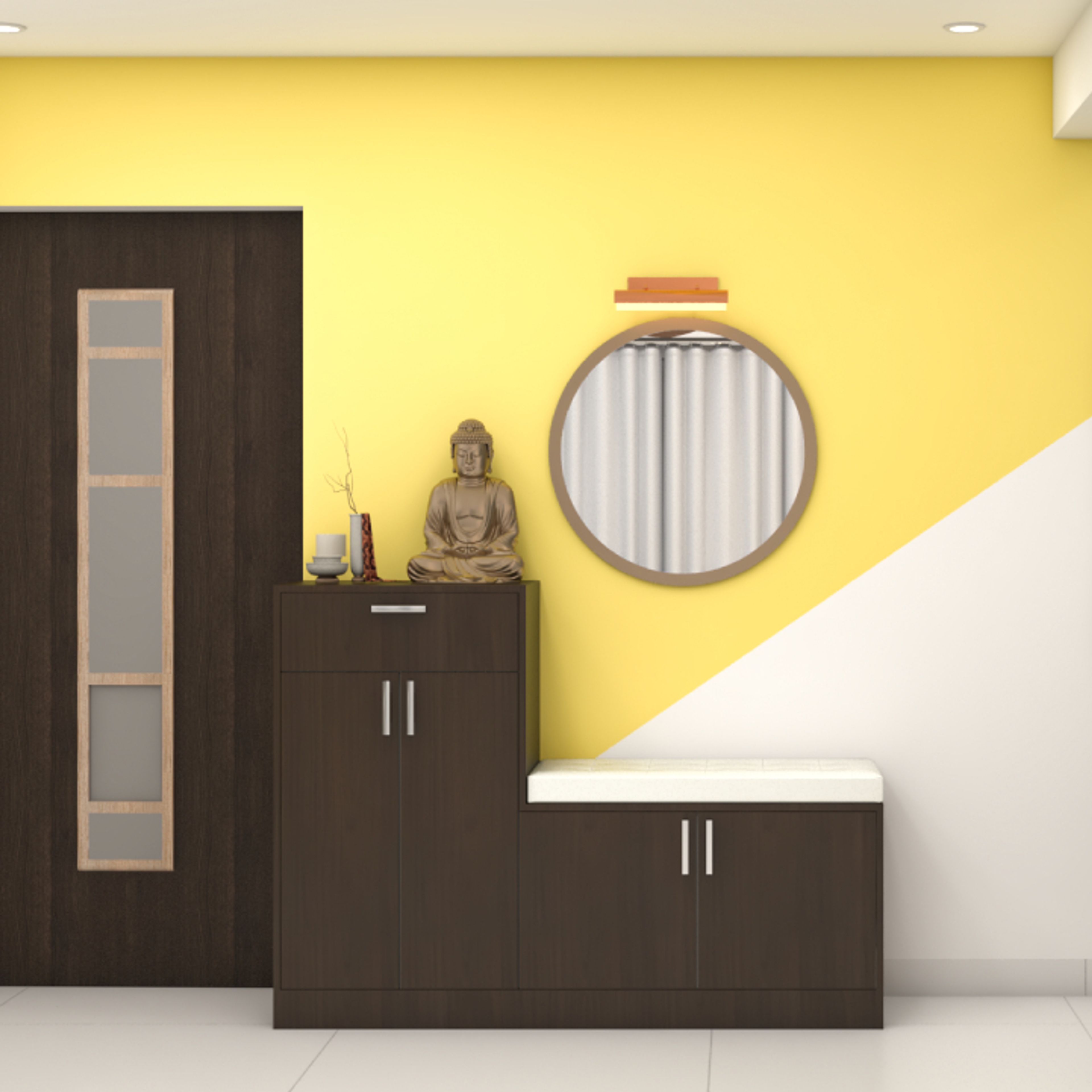 Modern Foyer Area Design With White And Yellow Back Wall