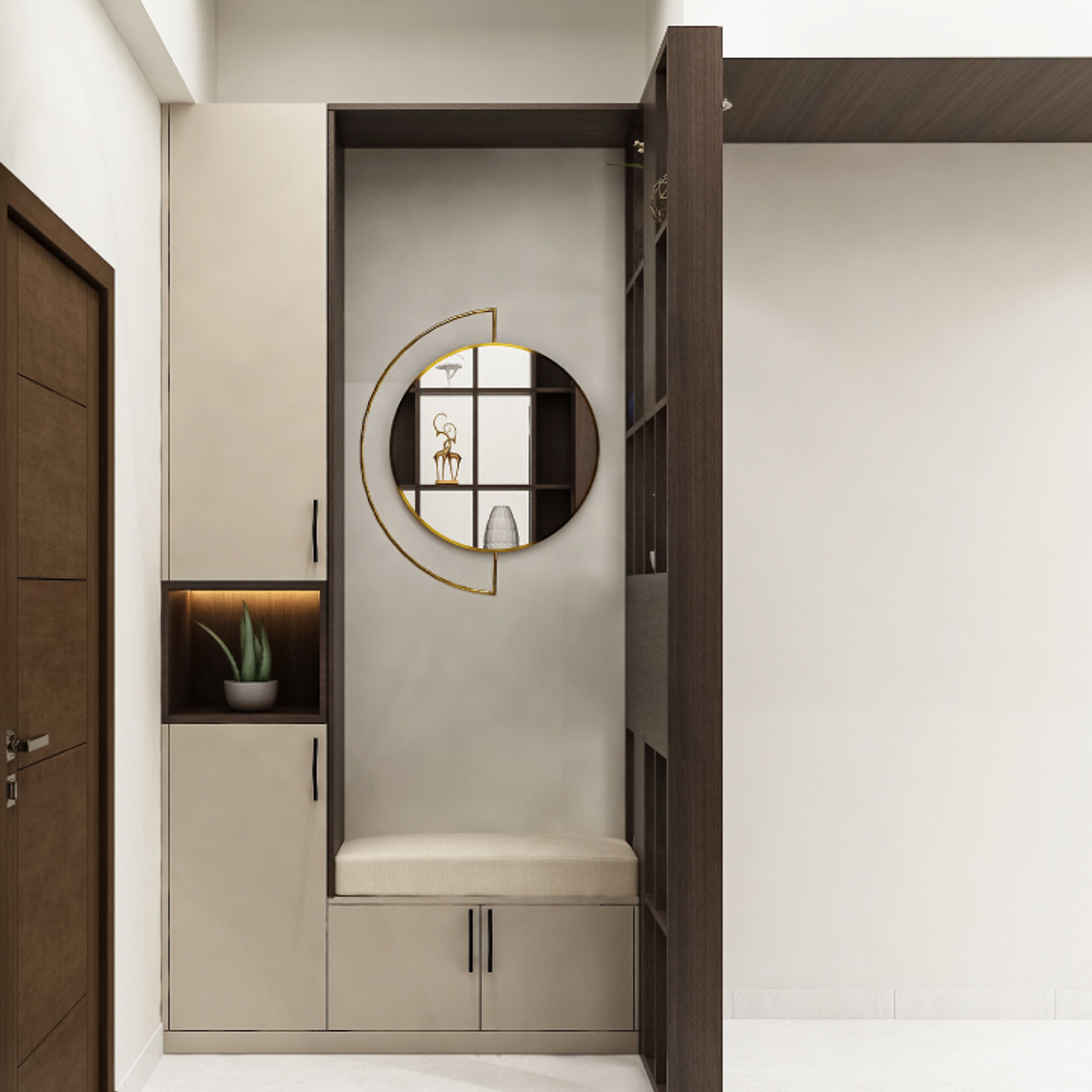 Contemporary Foyer Design With Compact Storage And Seating