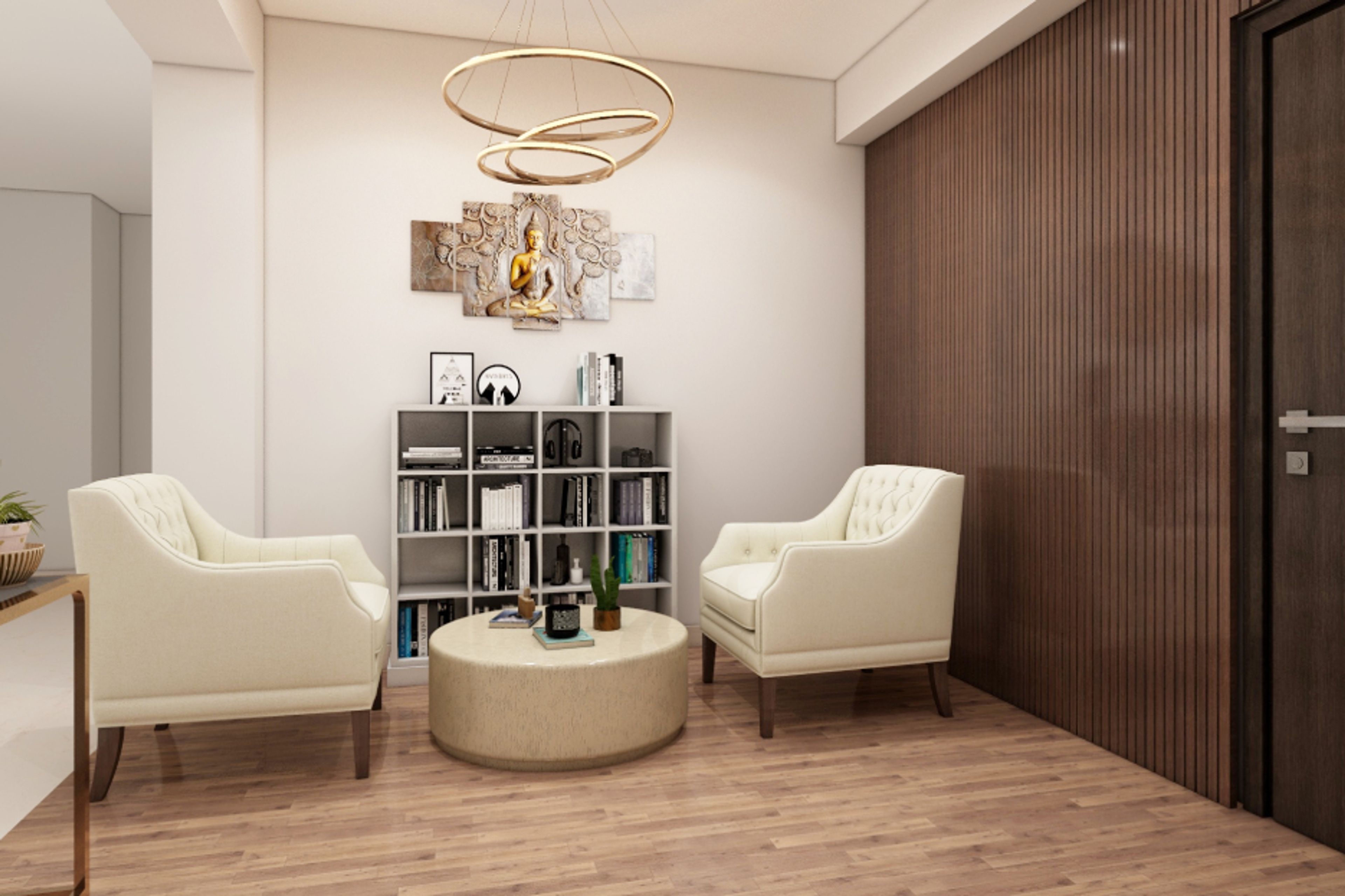 Contemporary Foyer Design With A Metallic Gold Storage Unit