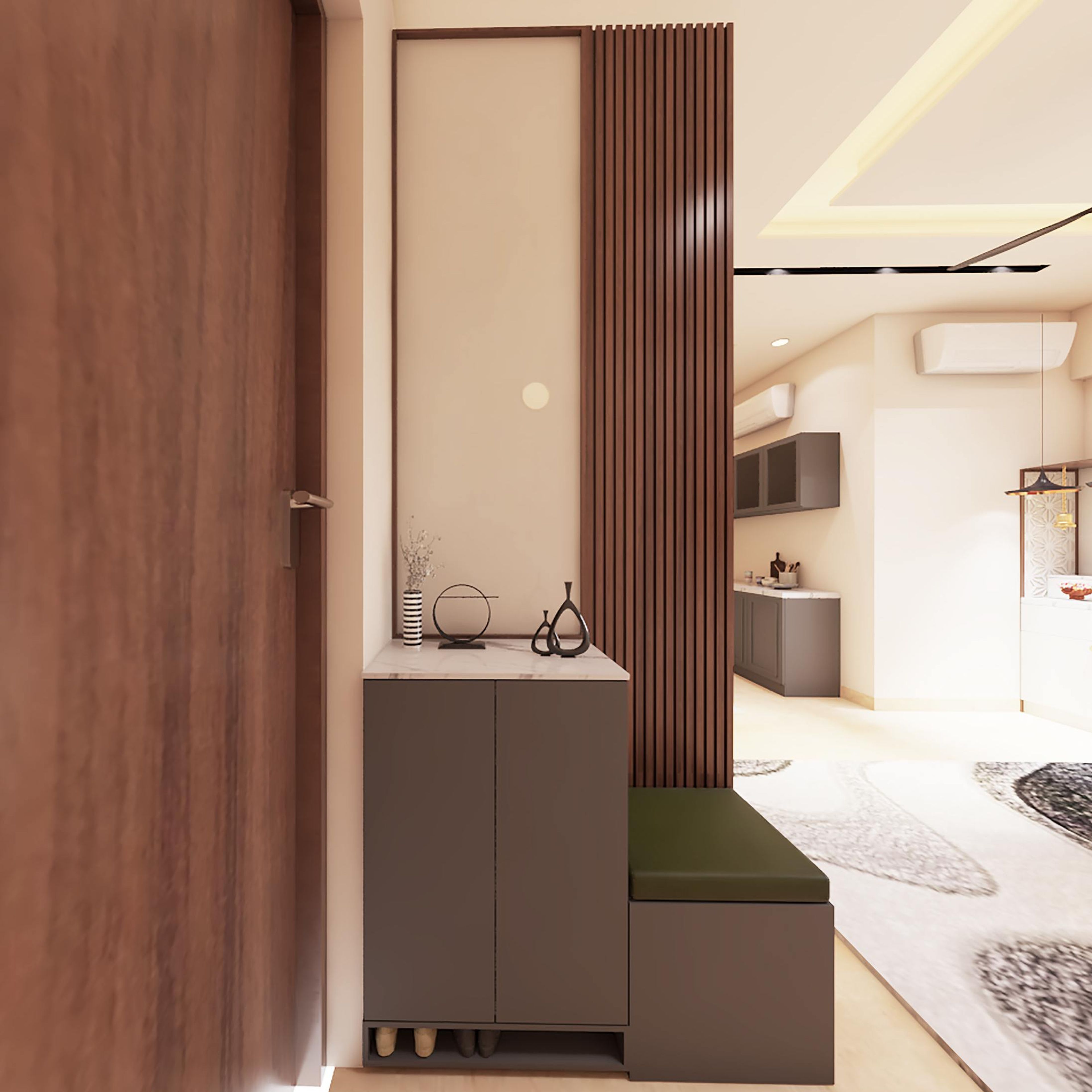 Modern Foyer Area Design With Green Cushioned Seating