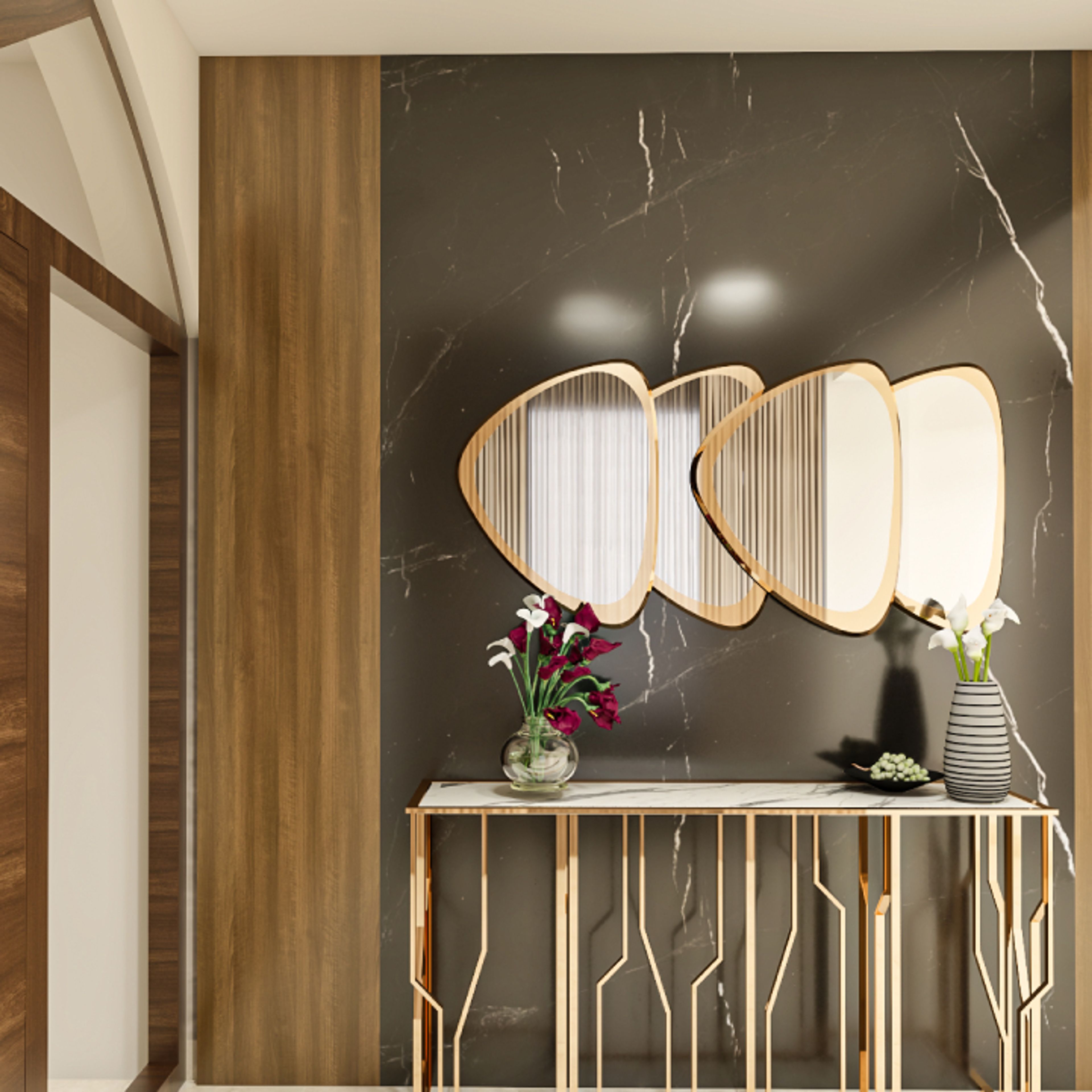 Modern Foyer Design With A Golden Table With Marble Tabletop