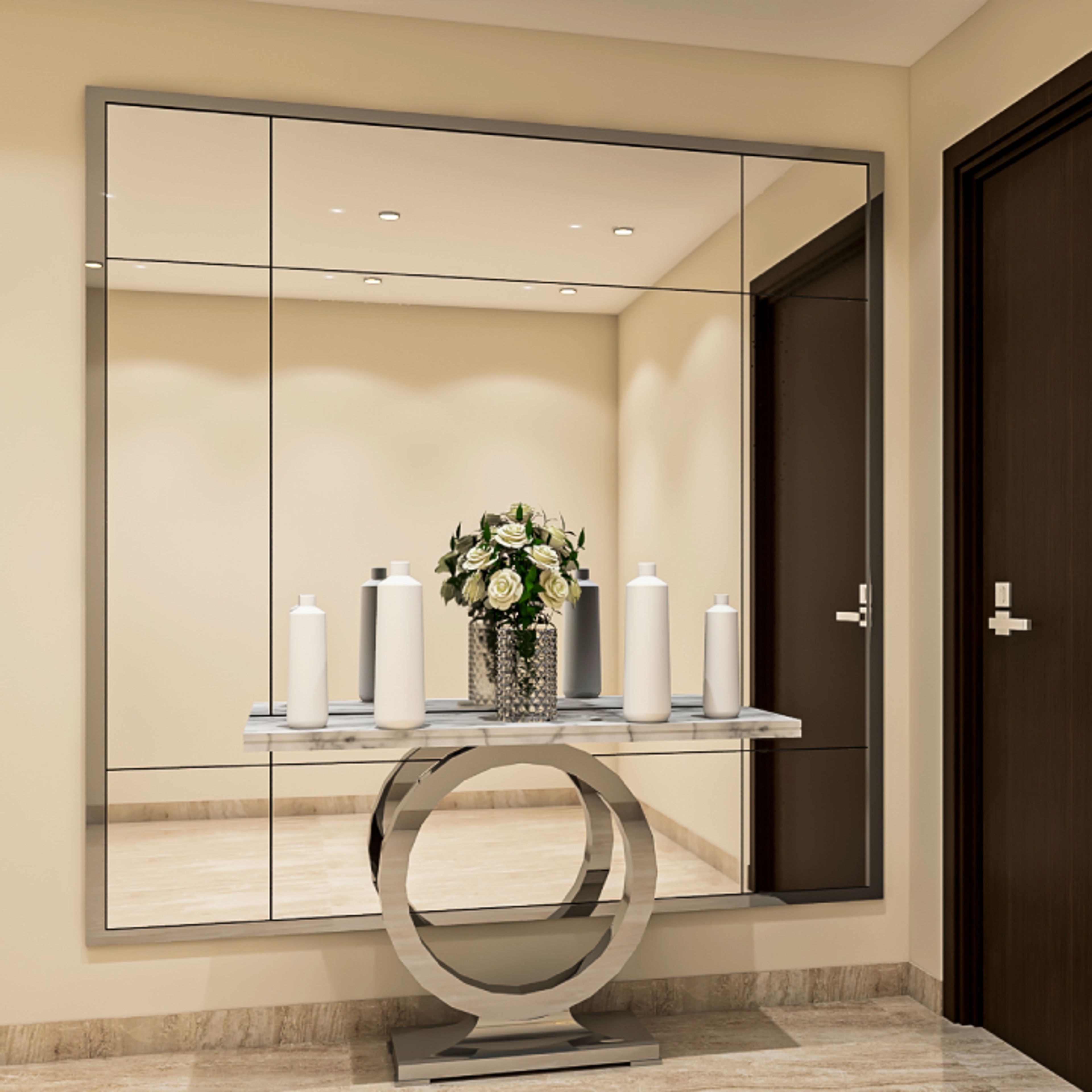 Contemporary Foyer Design With A Large Rectangular Mirror