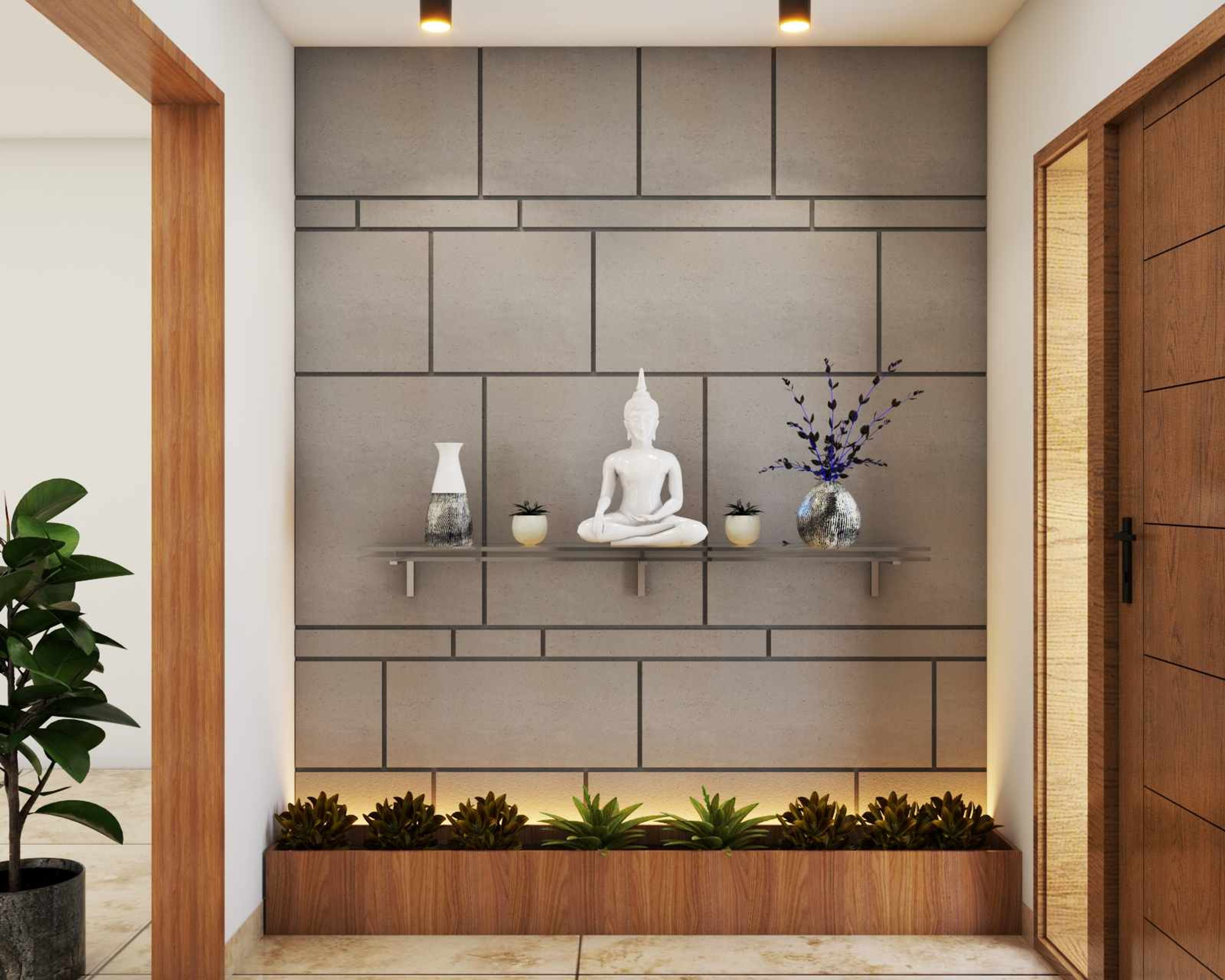 Organic Foyer Design With Planter And Open Shelf For Accessories | Livspace