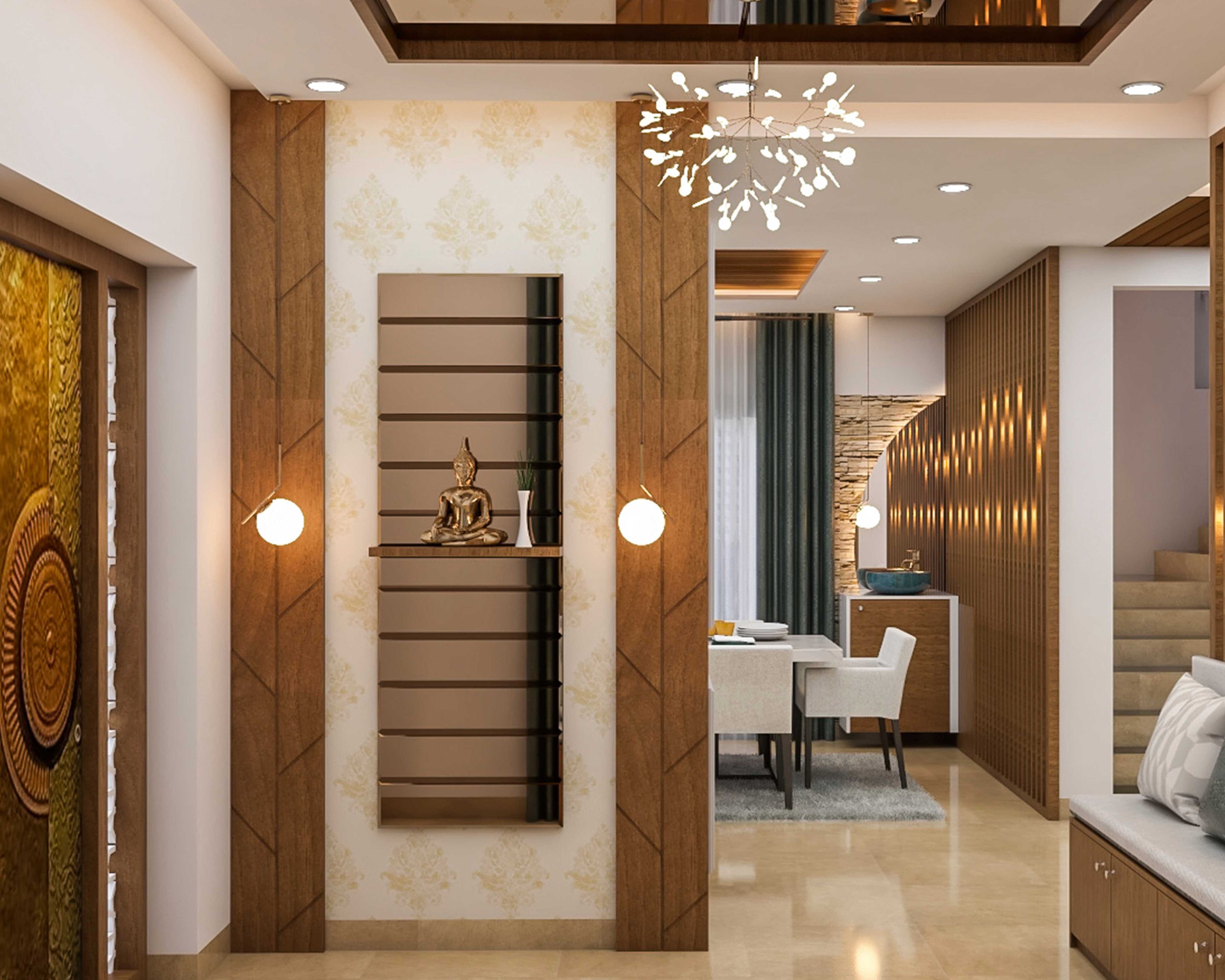 Contemporary Foyer Design With Wallpaper And Wooden Panel