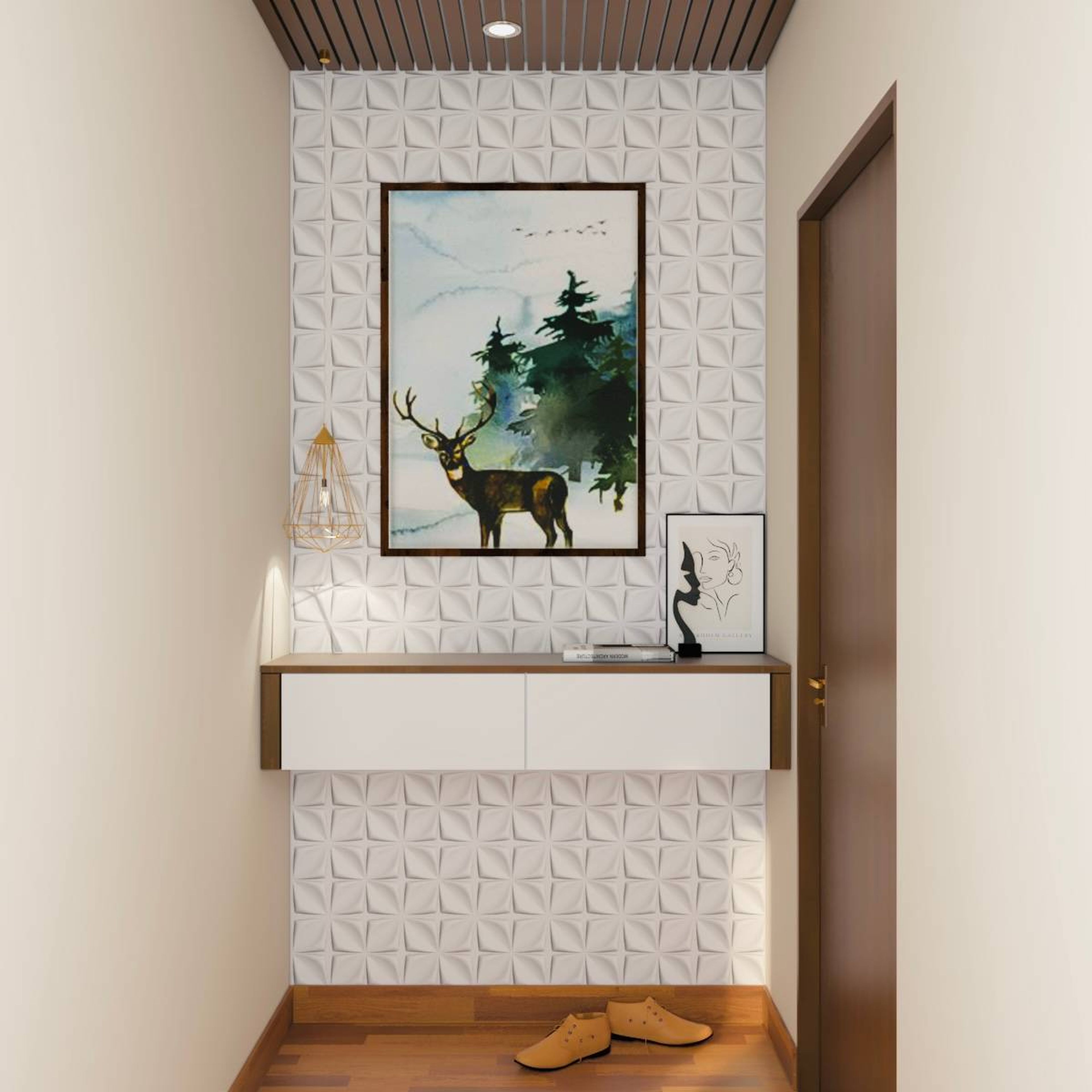 Storage With White And Wood Theme For Foyer Design - Livspace