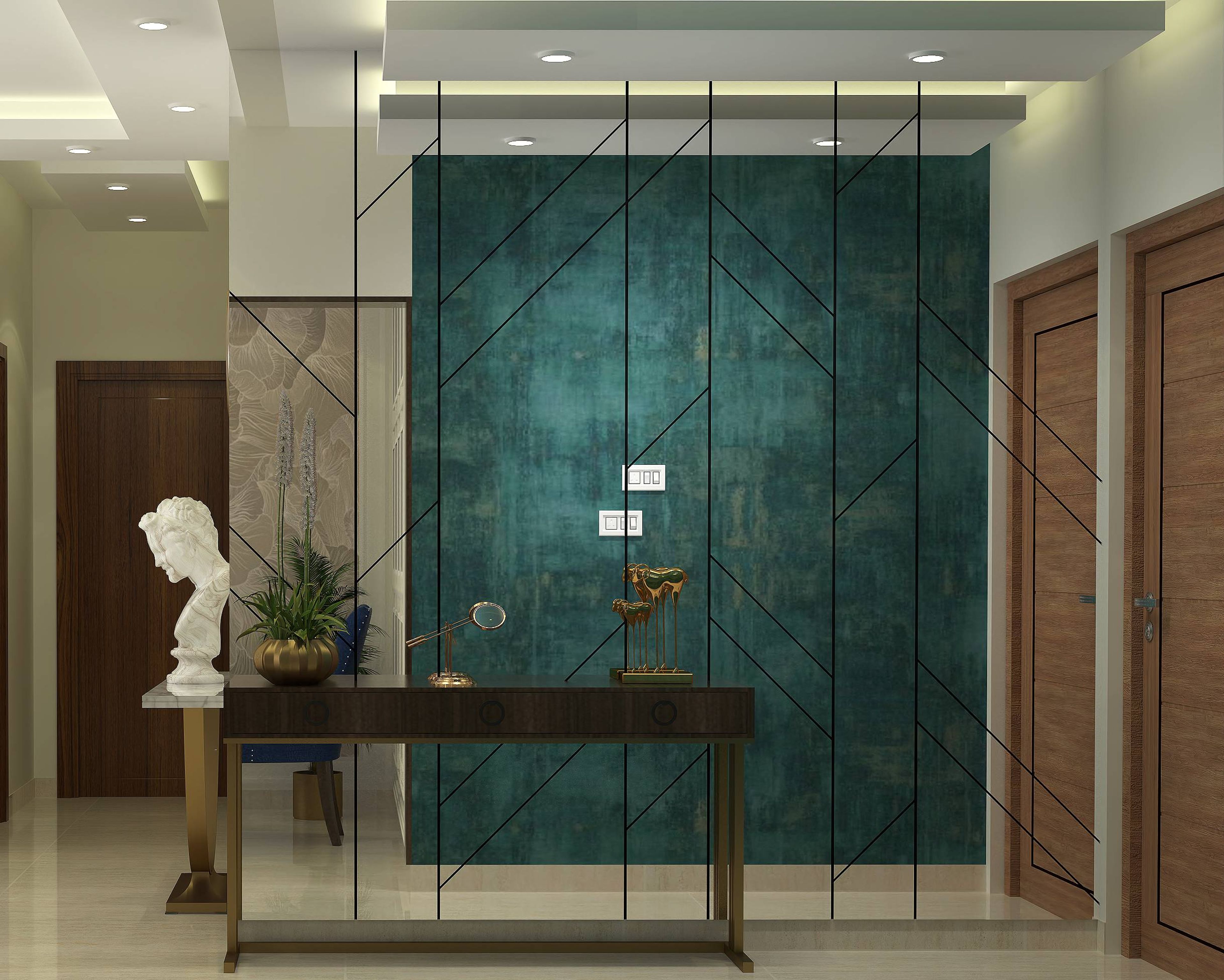 Contemporary Foyer Design With Turquoise Wall Panelling