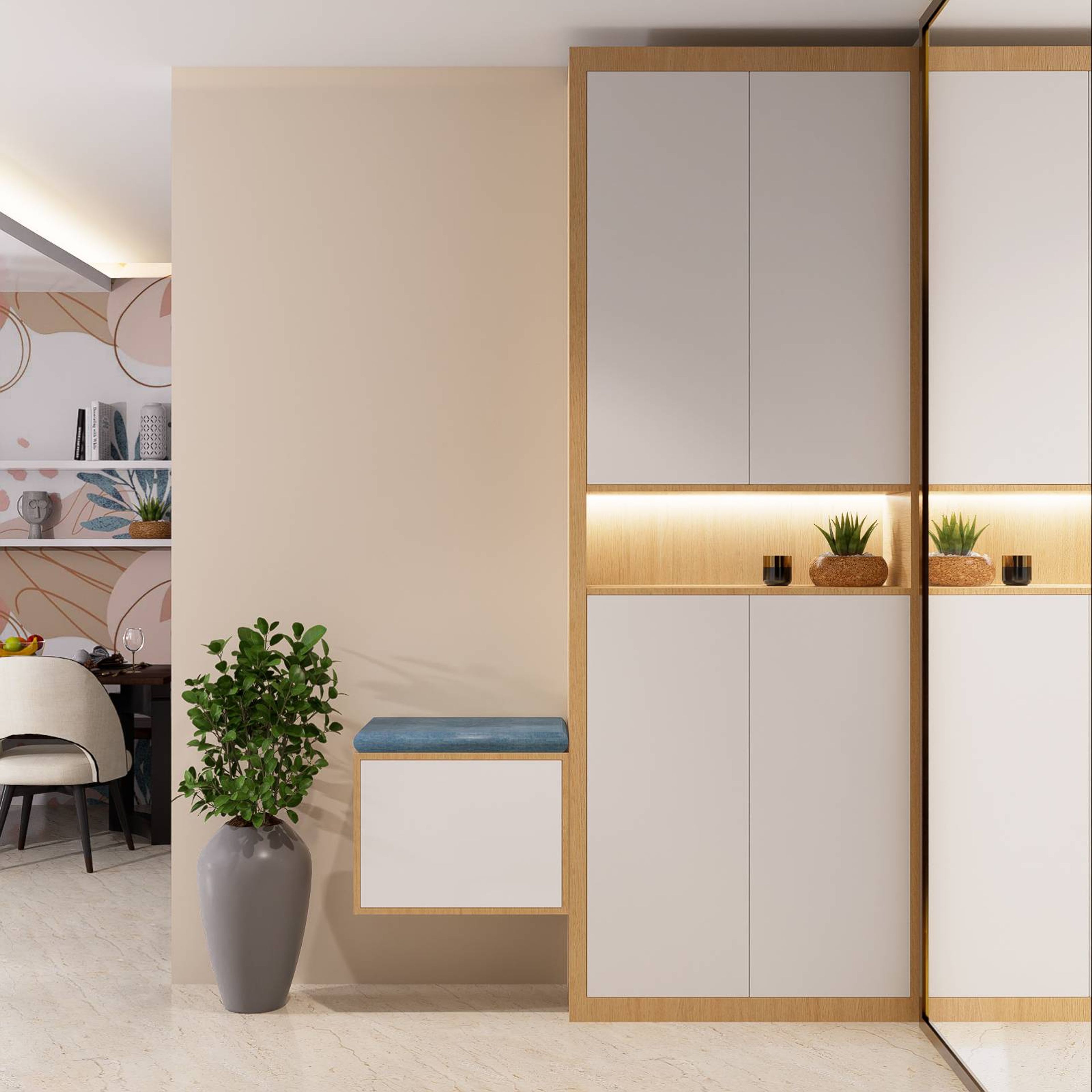 Contemporary Foyer Design With Lit Storage And Seating