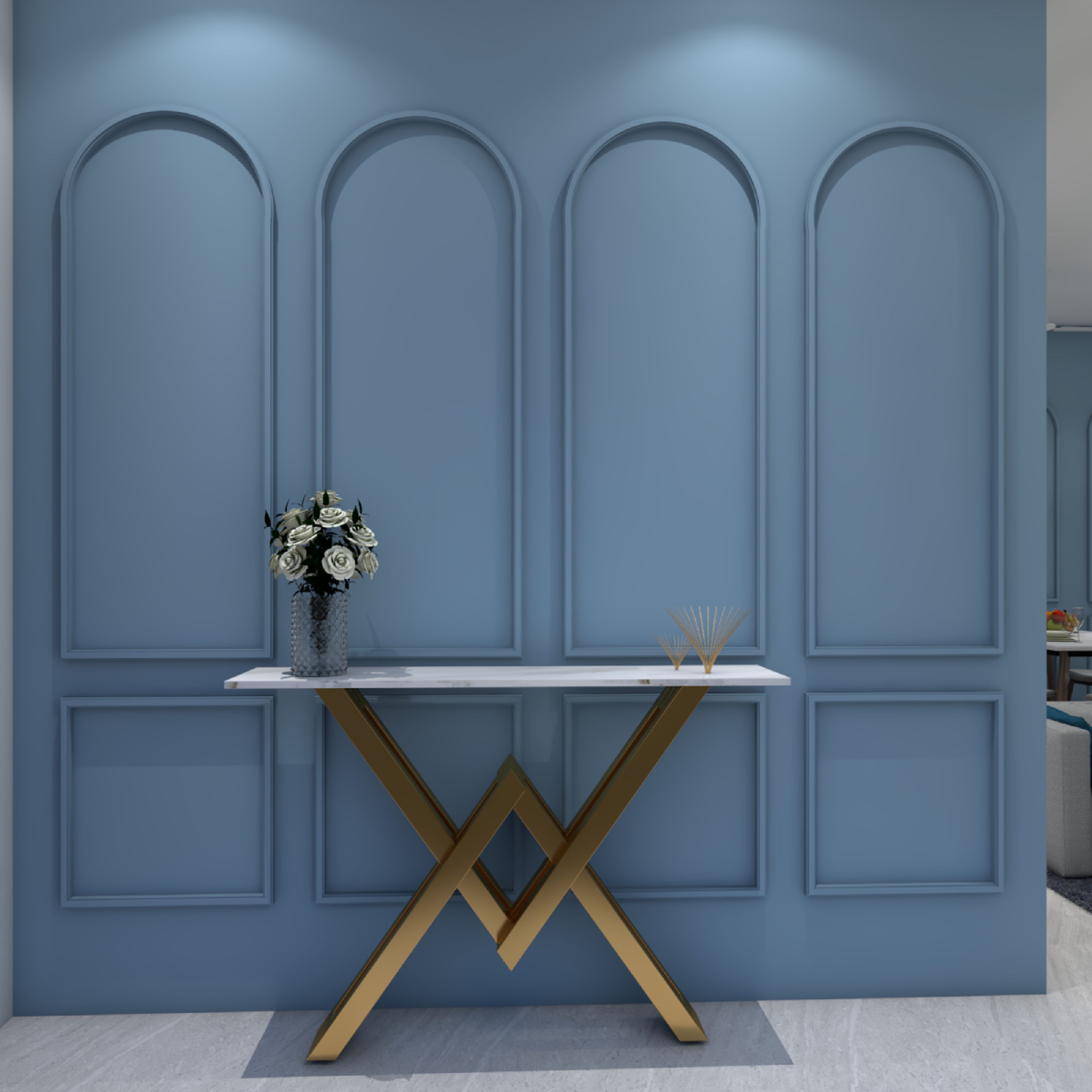 Classic Foyer Design With Dark Blue Accent Wall Design With Trims