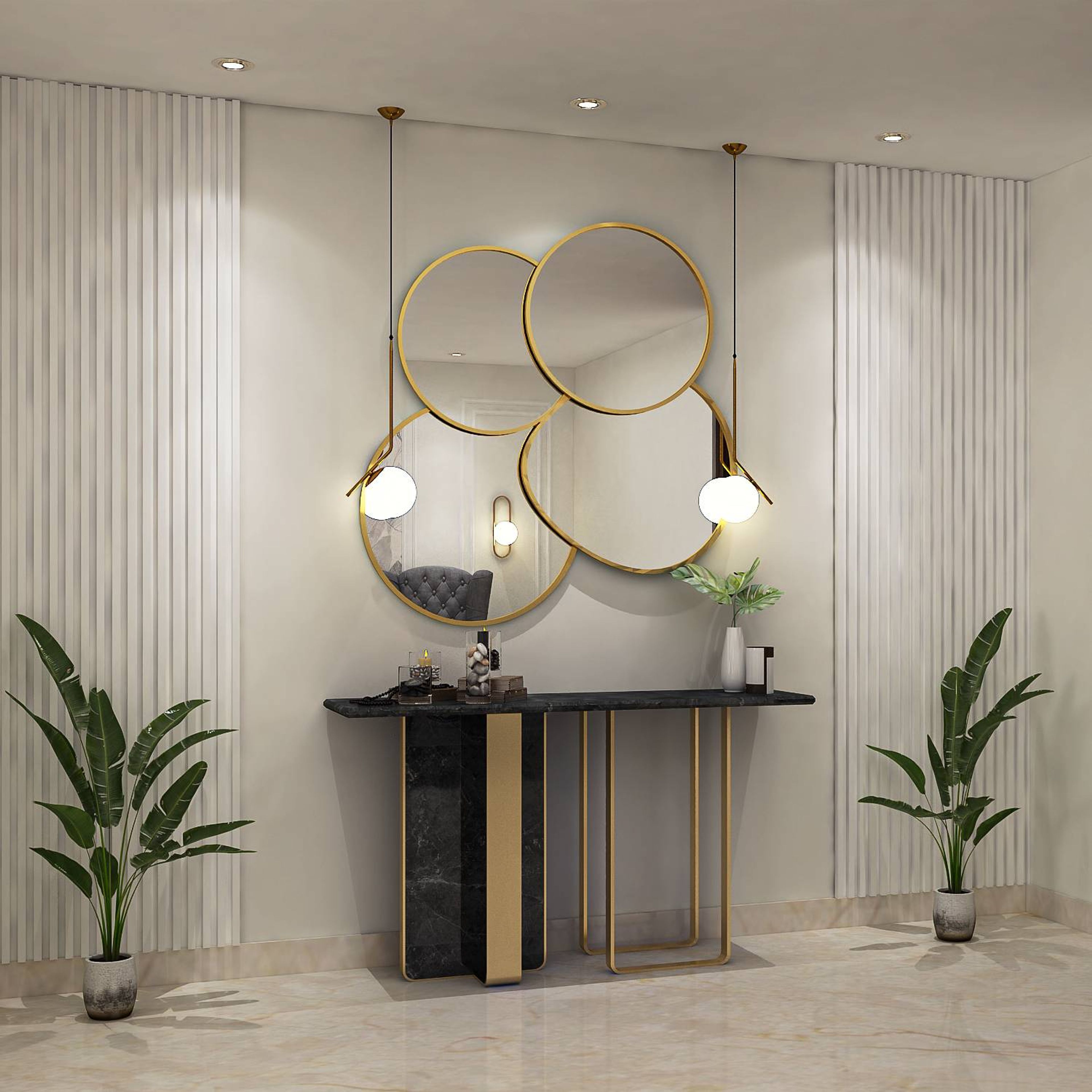 Classic Spacious Foyer Design With Round Mirrors