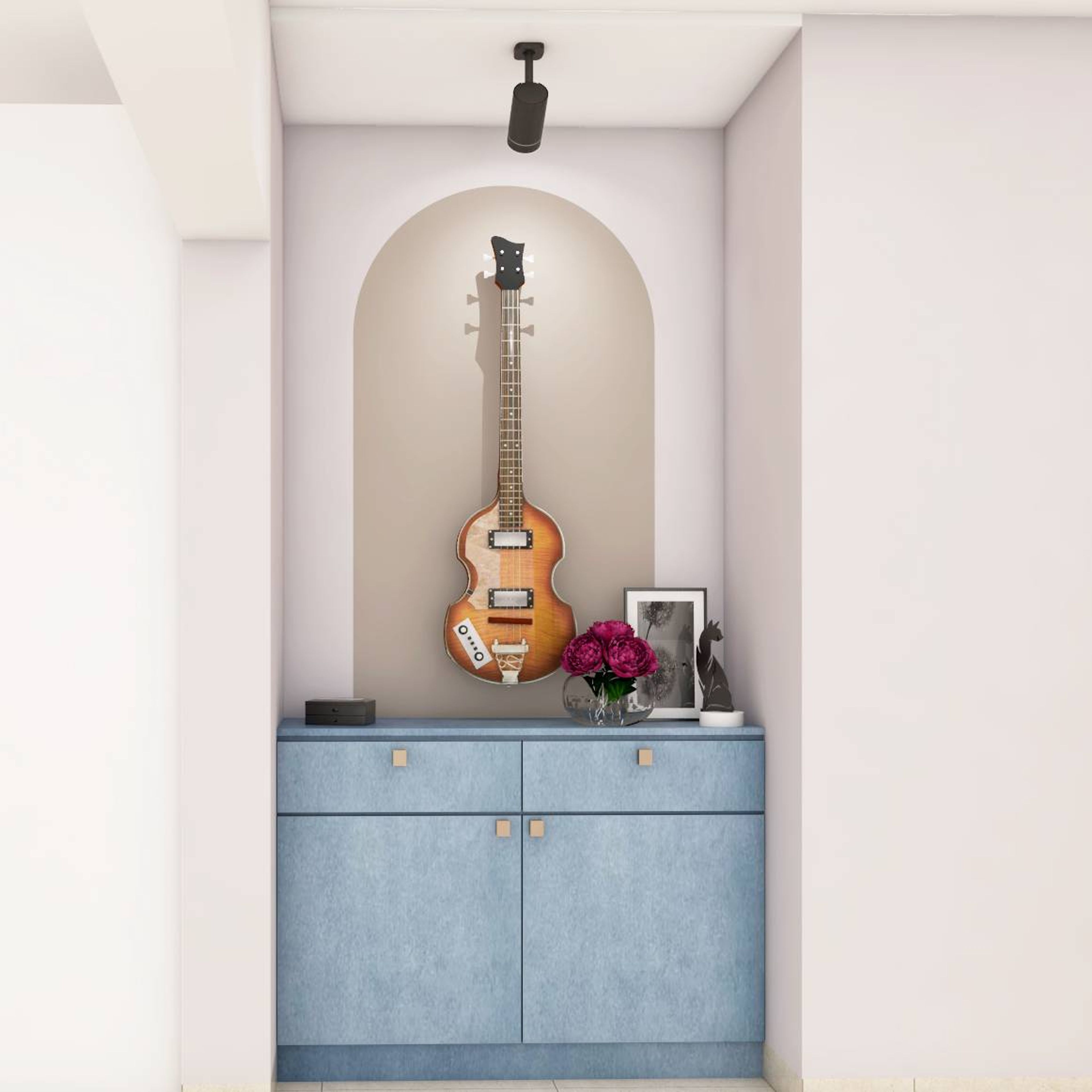 Modern Blue Foyer Design With Guitar