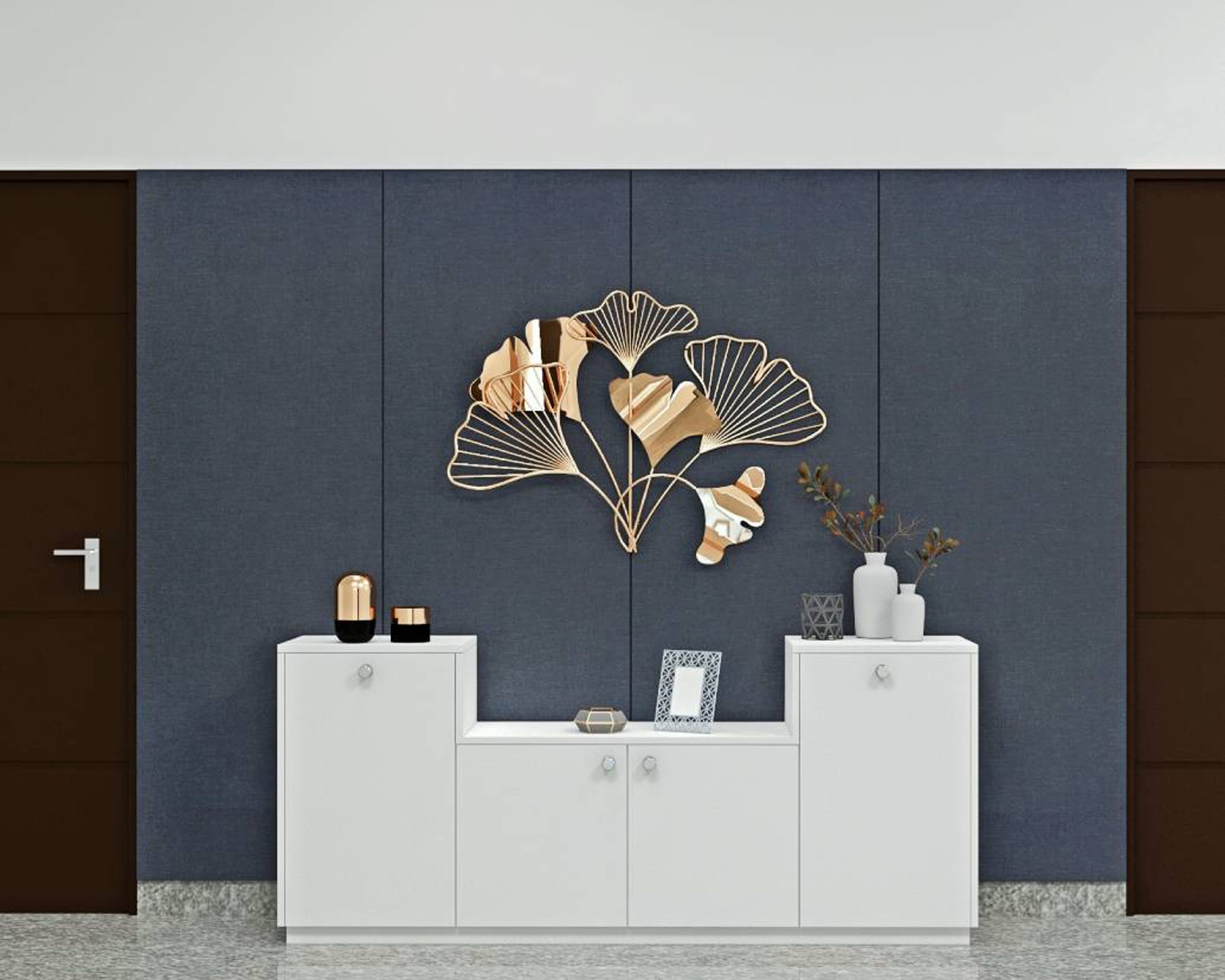 Modern Foyer Design With A Blue Wallpaper And Golden Wall Art