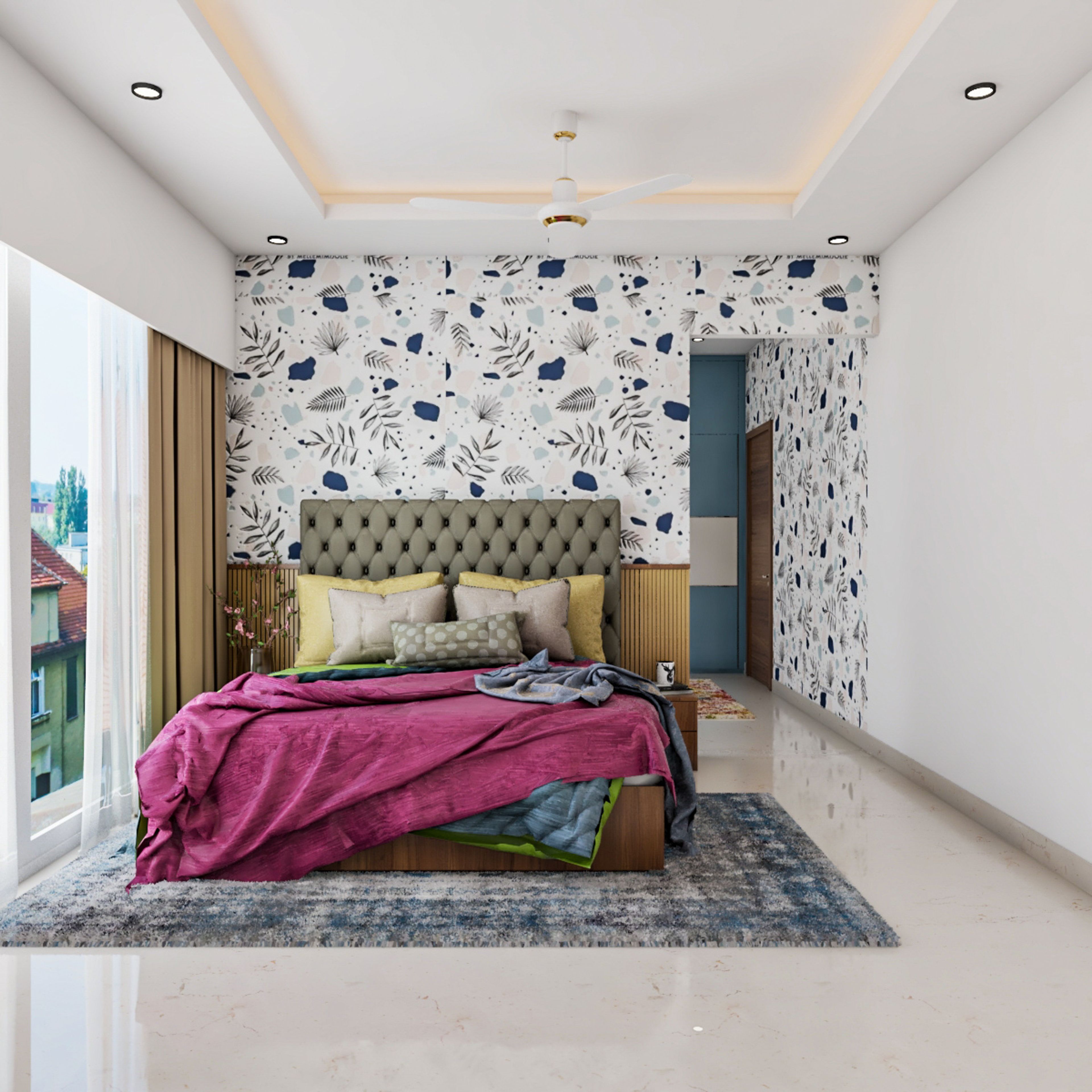 Modern Guest Bedroom Design With A Blue And White Patterned Wallpaper