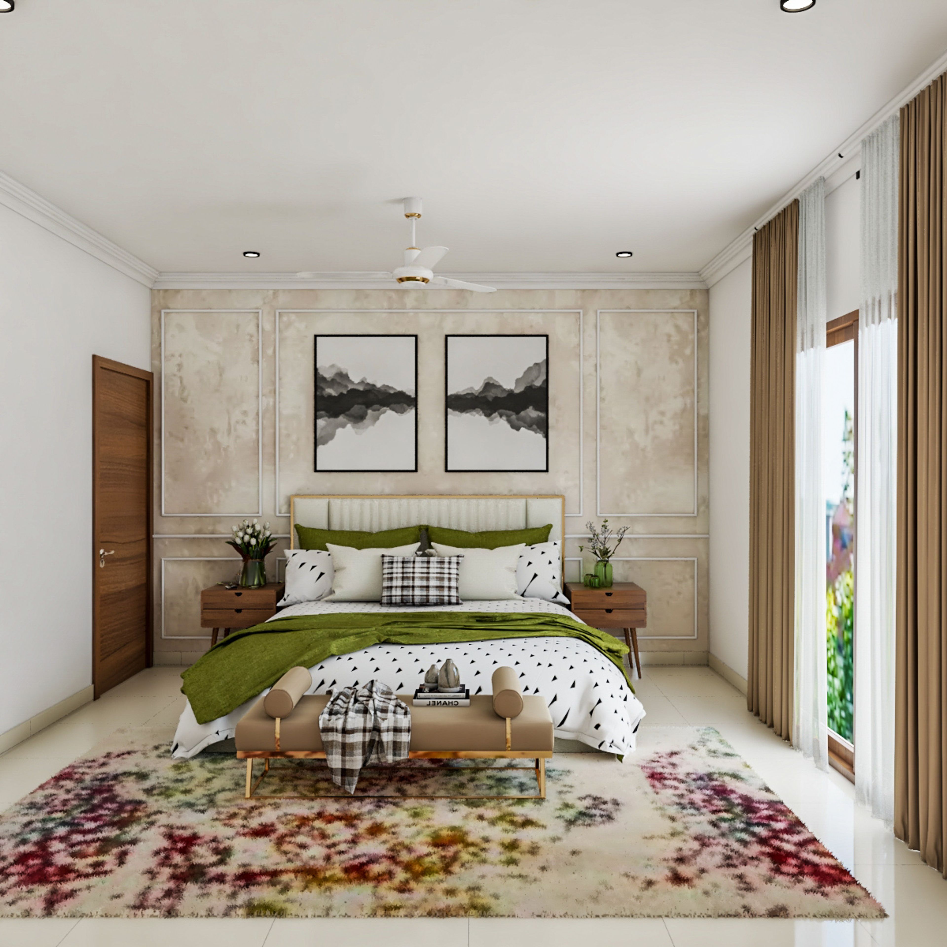 Classic Guest Bedroom Design With Wall Art And A Colourful Floor Rug