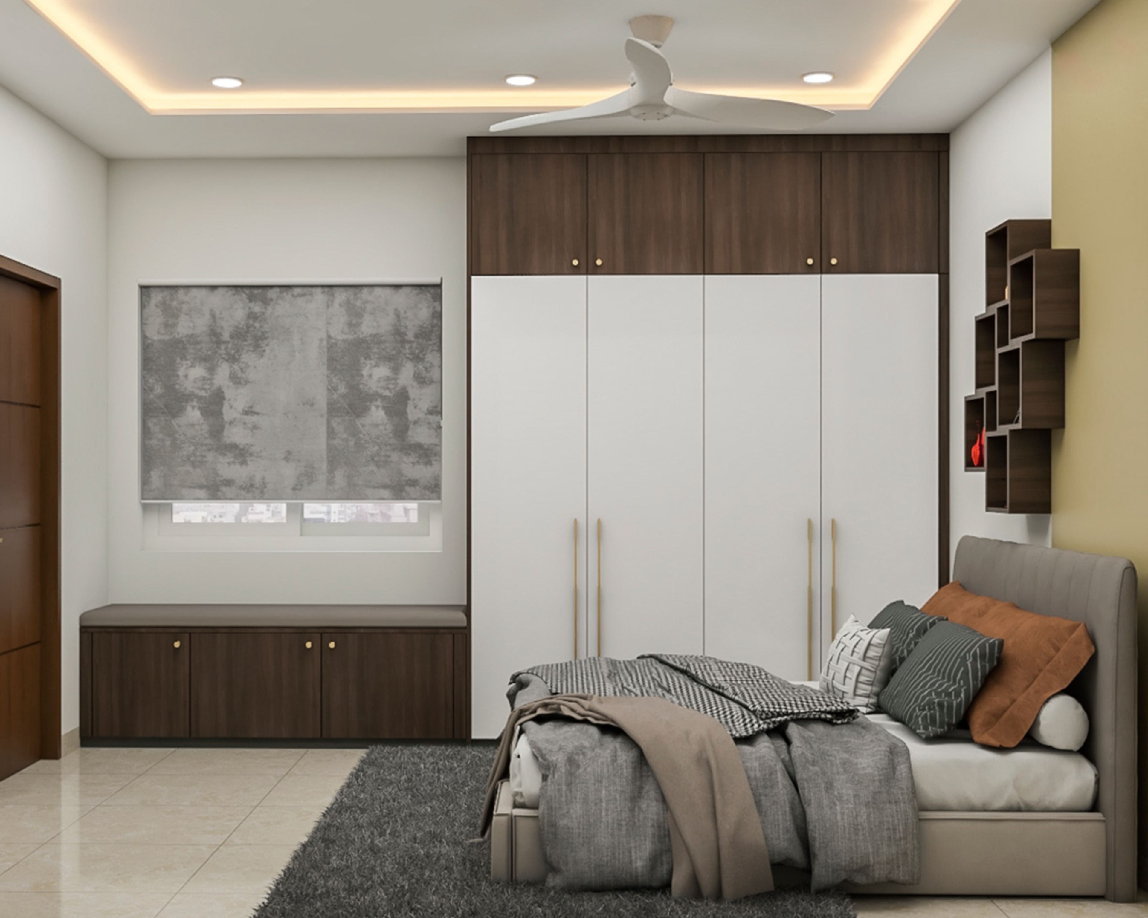 Beige and White Guest Bedroom Design With Laminated Wardrobe - Livspace