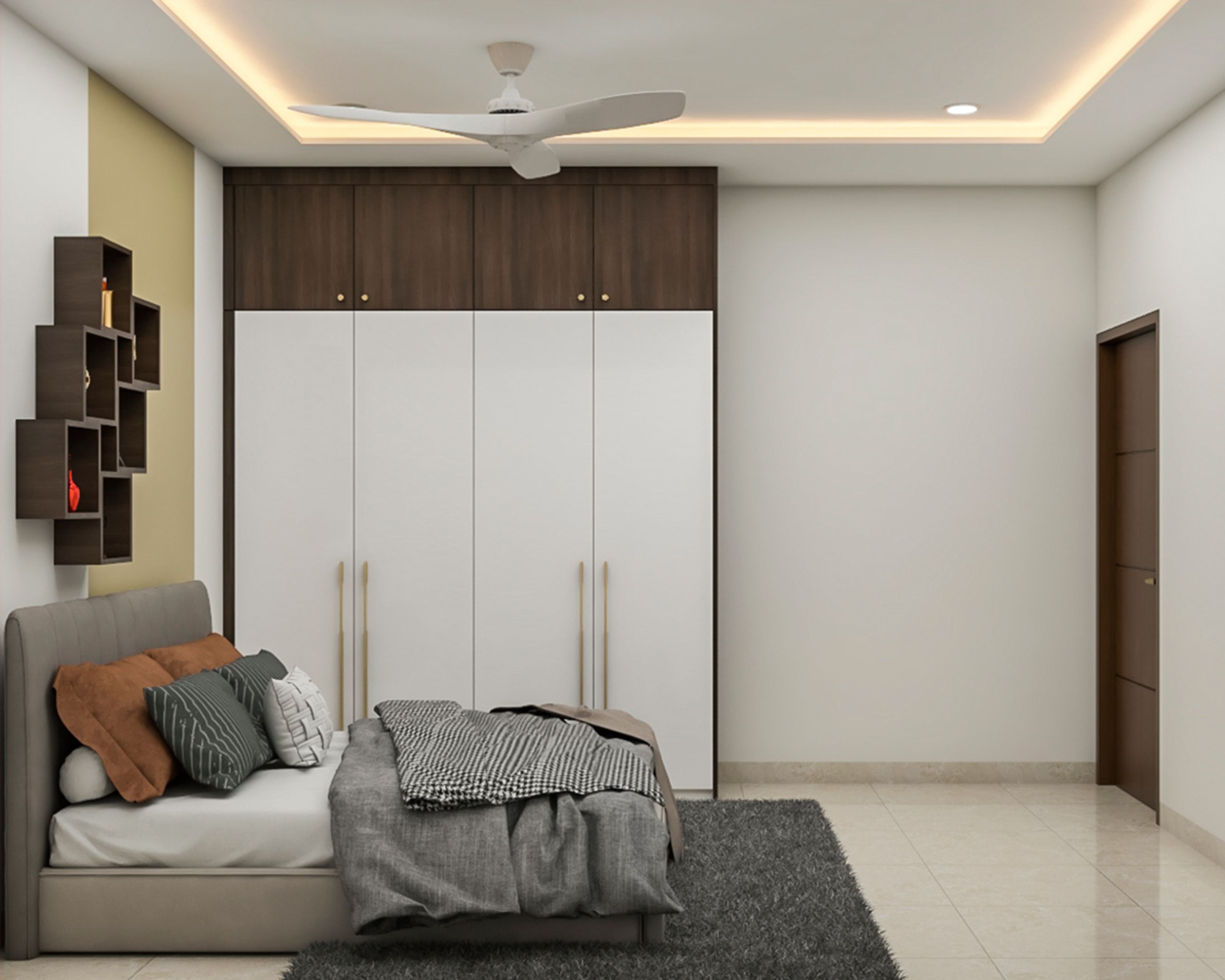 Beige and White Guest Bedroom Design With Laminated Wardrobe - Livspace