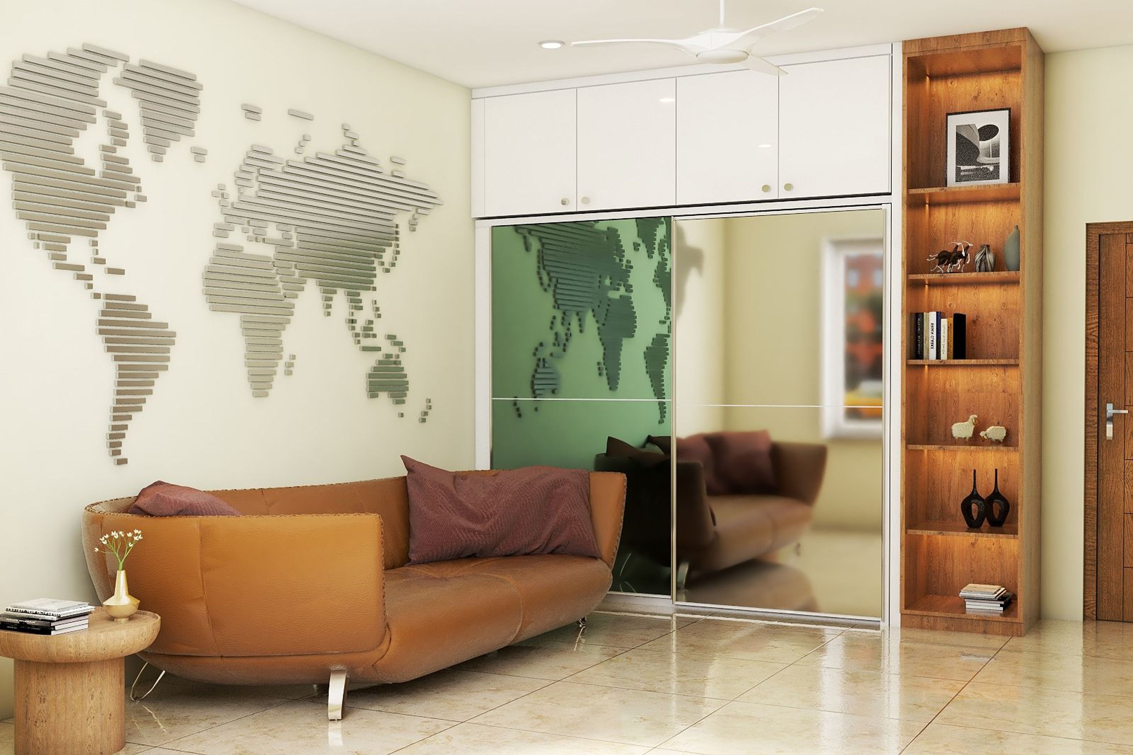 Contemporary Guest Bedroom Design With Sliding Shutter Wardrobe