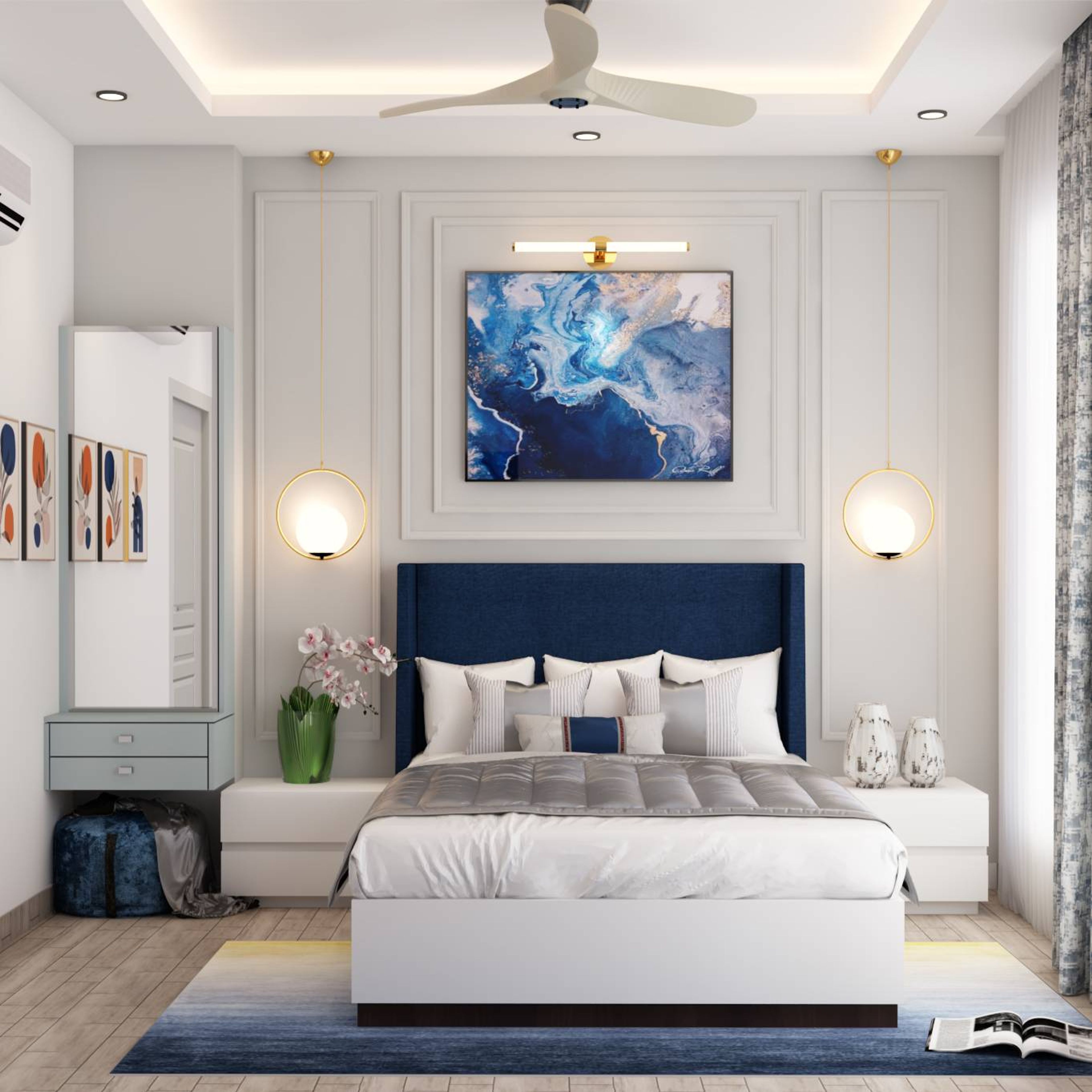 White And Blue Modern Guest Bedroom Design