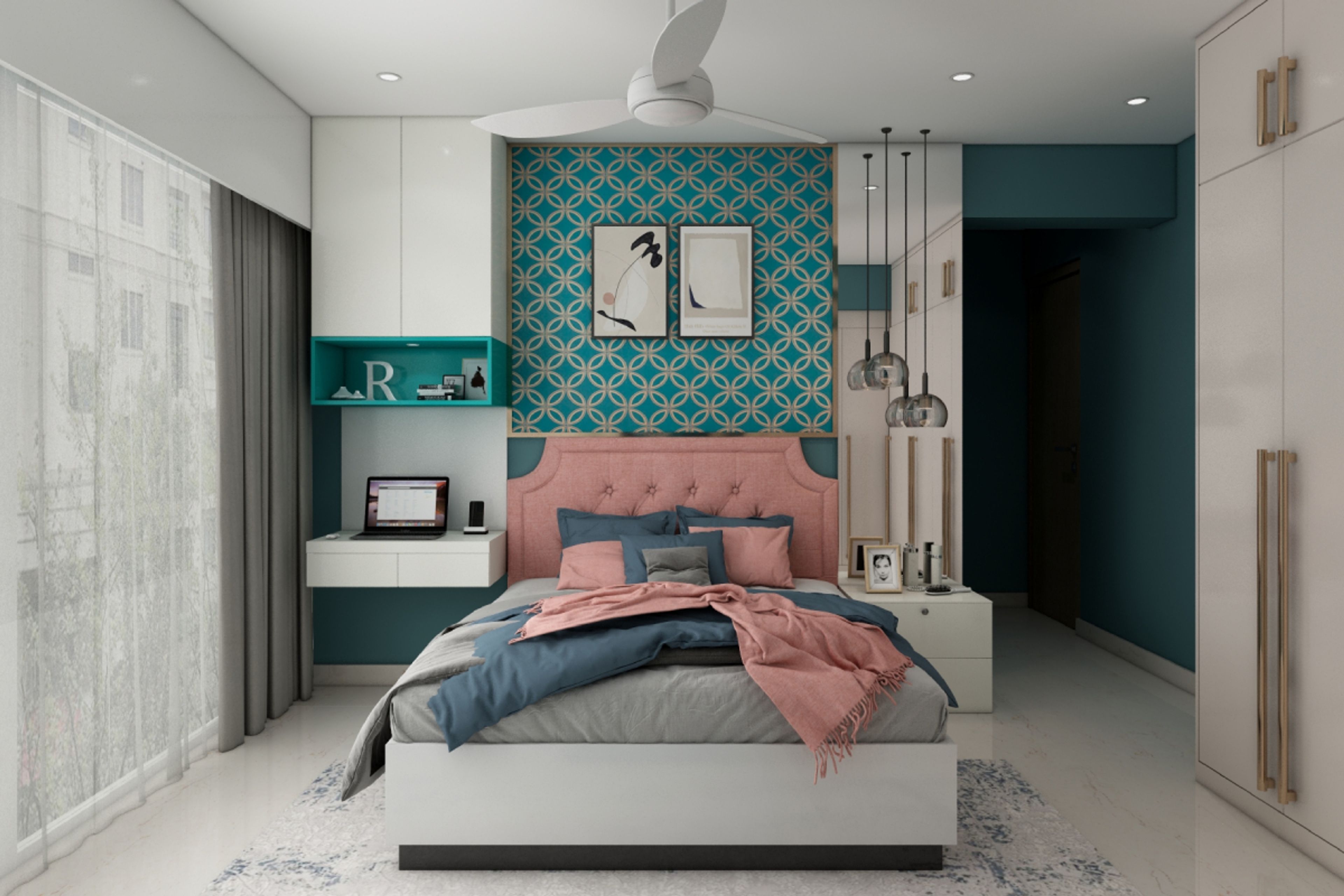 Contemporary Style Guest Bedroom With Pink Backrest And White Cot