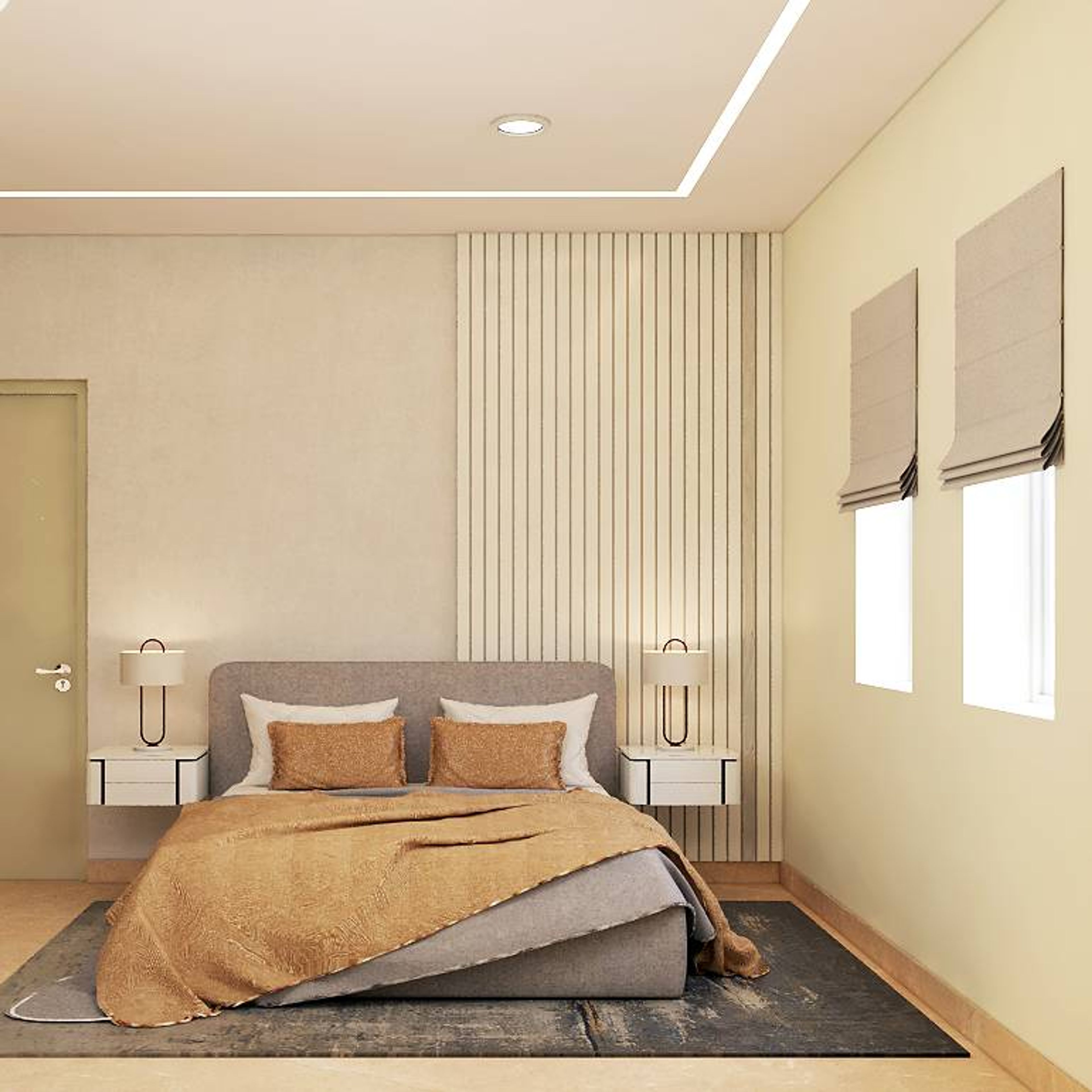 Modern Guest Bedroom Design With Gray Upholistered Bed