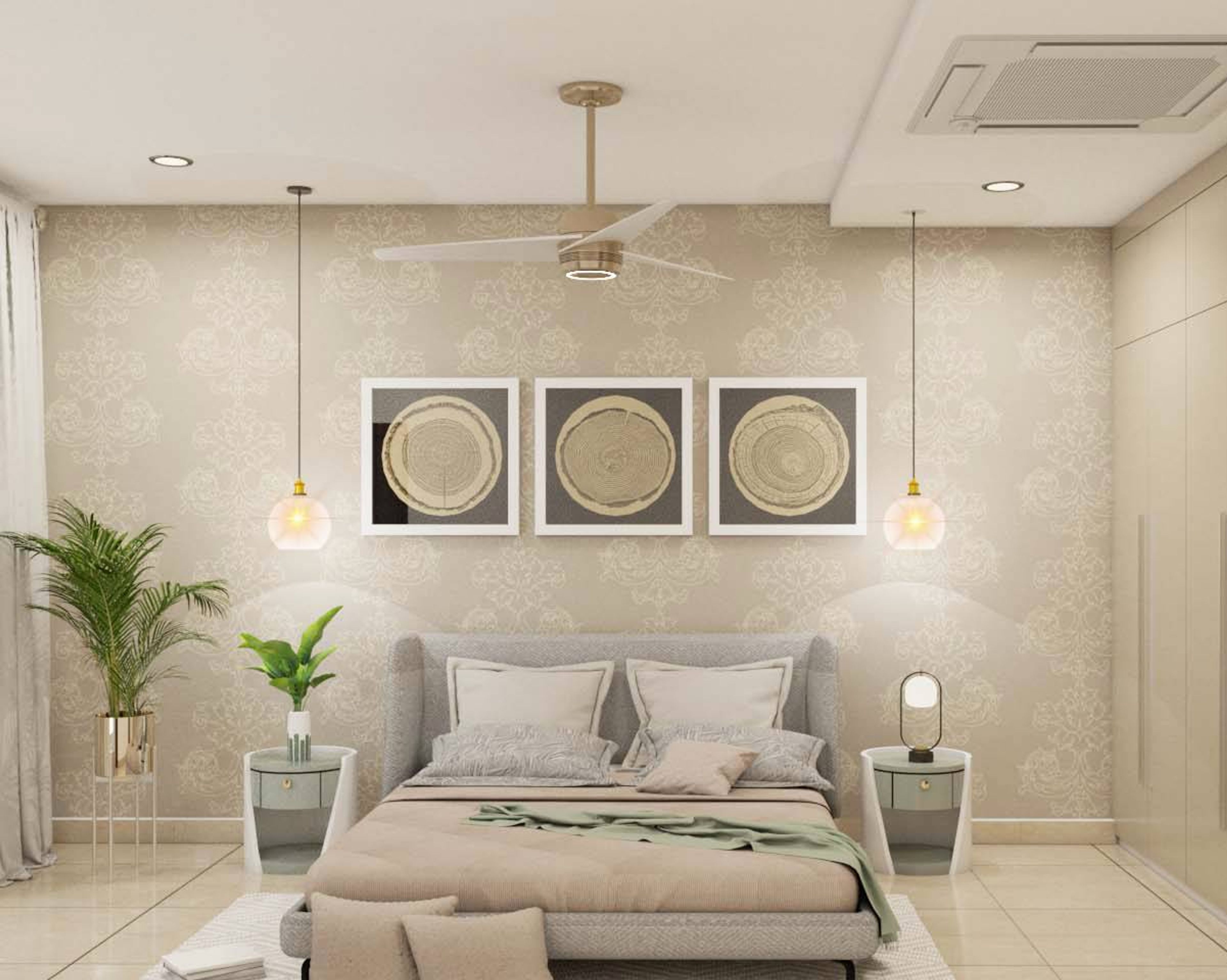 Contemporary Style Guest Bedroom Design With Beige Wallpaper